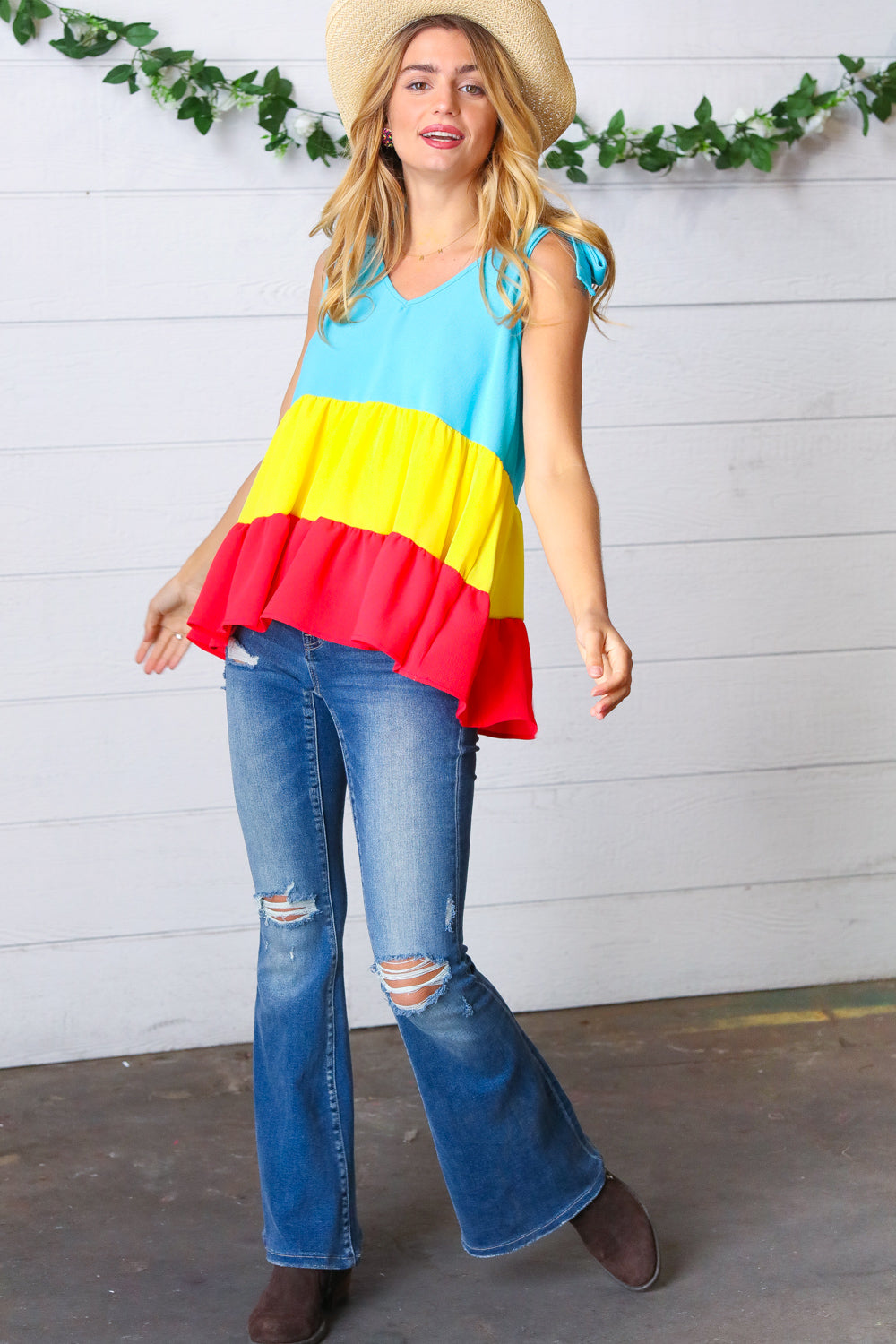 Made For Color Tiered Shoulder Tie Bow Crepe Top