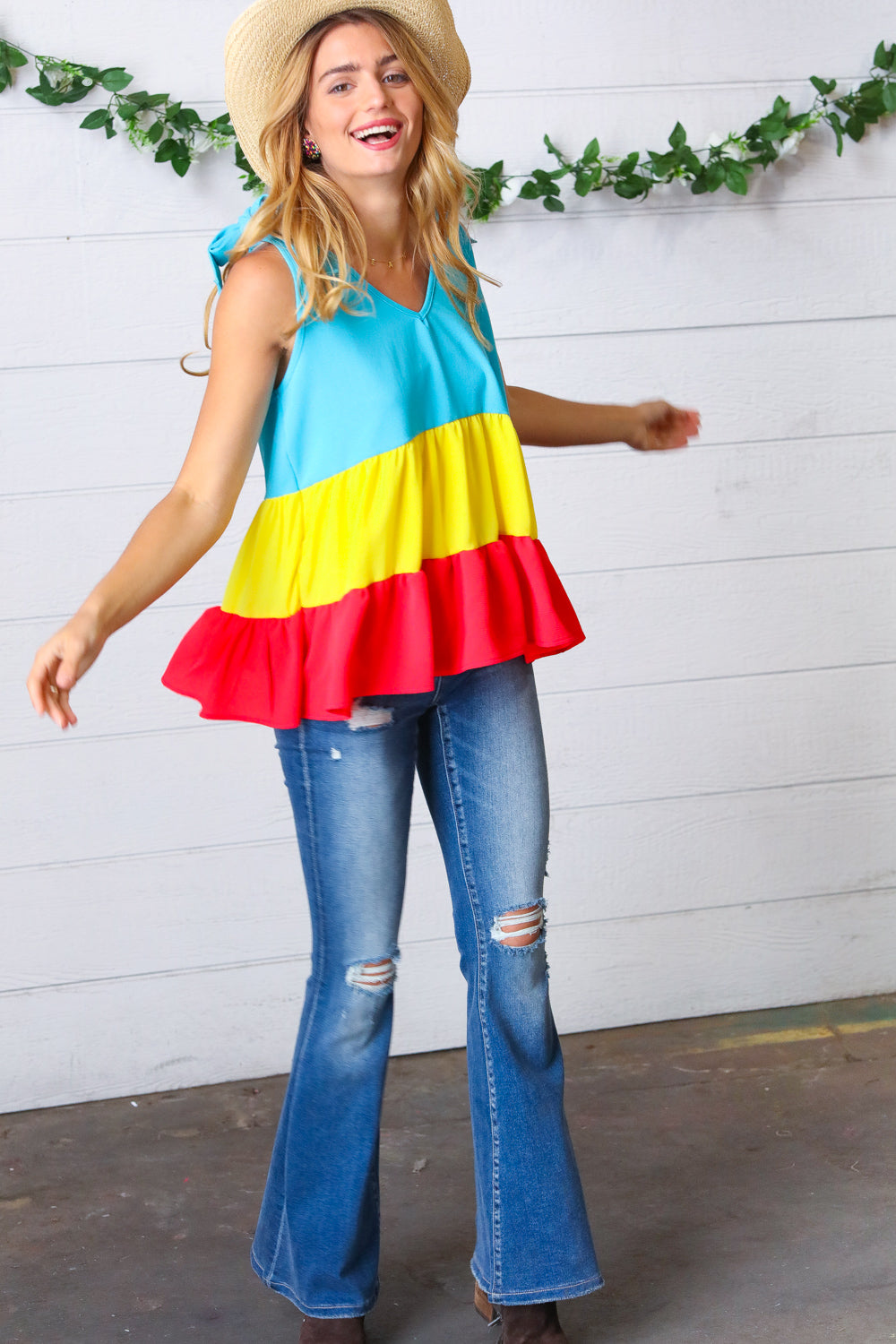 Made For Color Tiered Shoulder Tie Bow Crepe Top