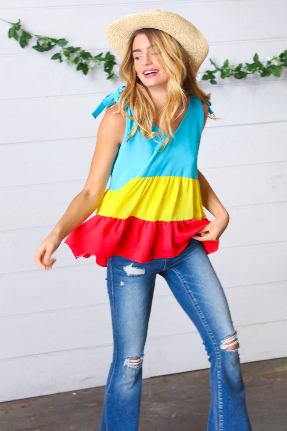 Made For Color Tiered Shoulder Tie Bow Crepe Top