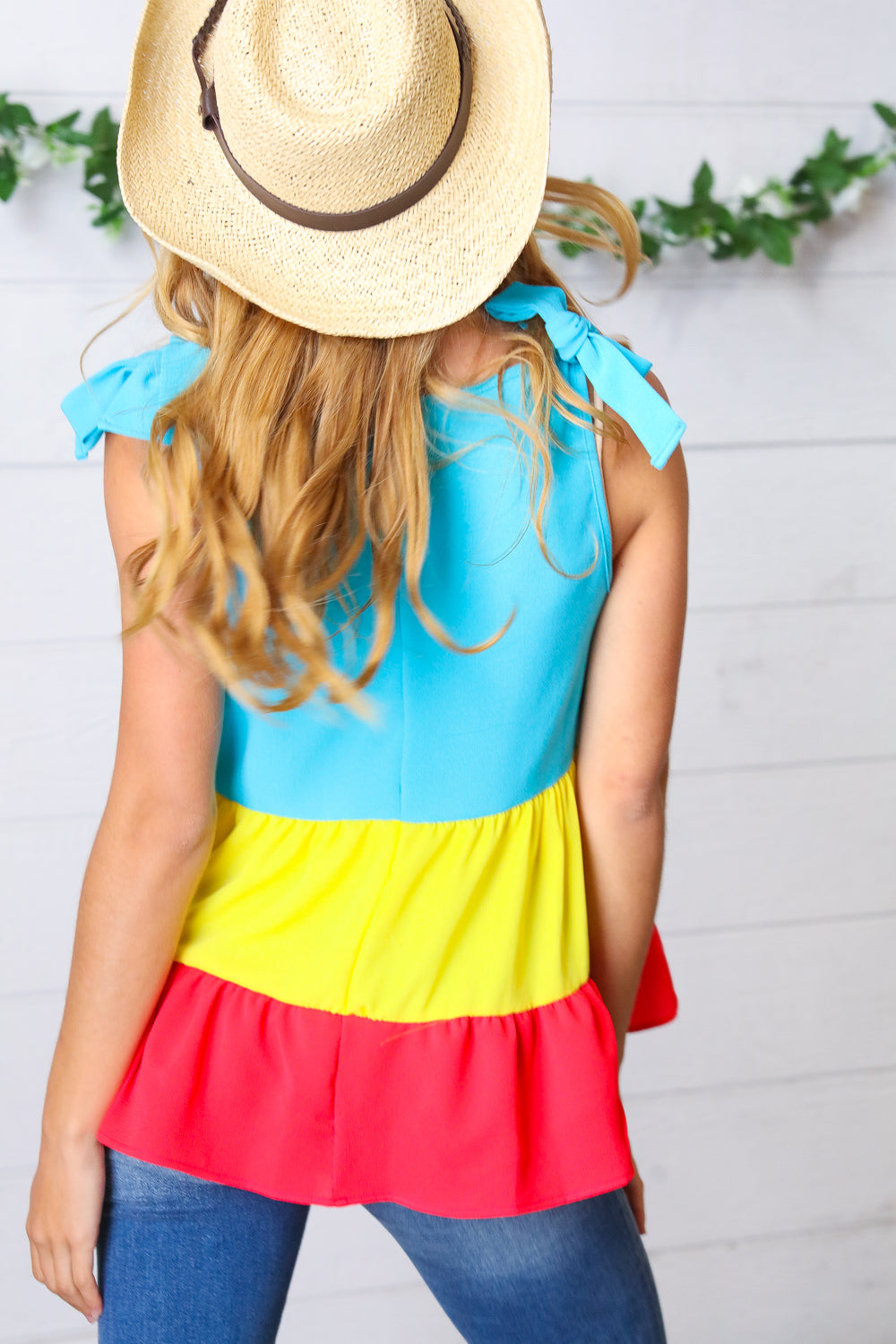 Made For Color Tiered Shoulder Tie Bow Crepe Top