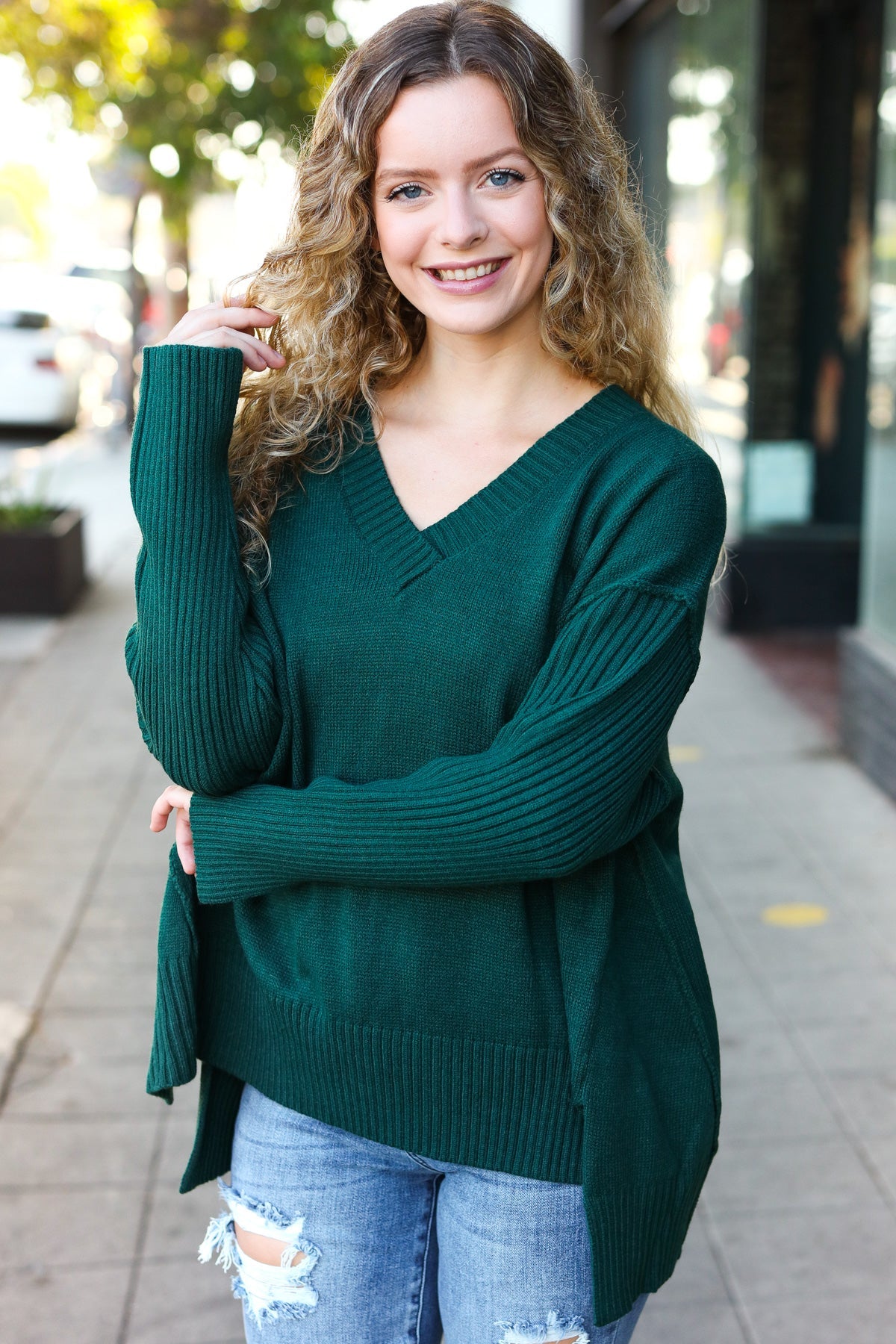 Daydream V Neck Rib Knit Sweater • Green