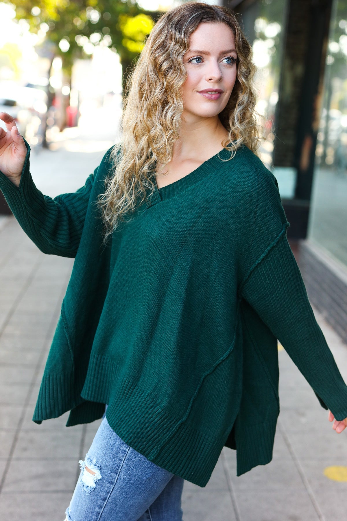 Daydream V Neck Rib Knit Sweater • Green