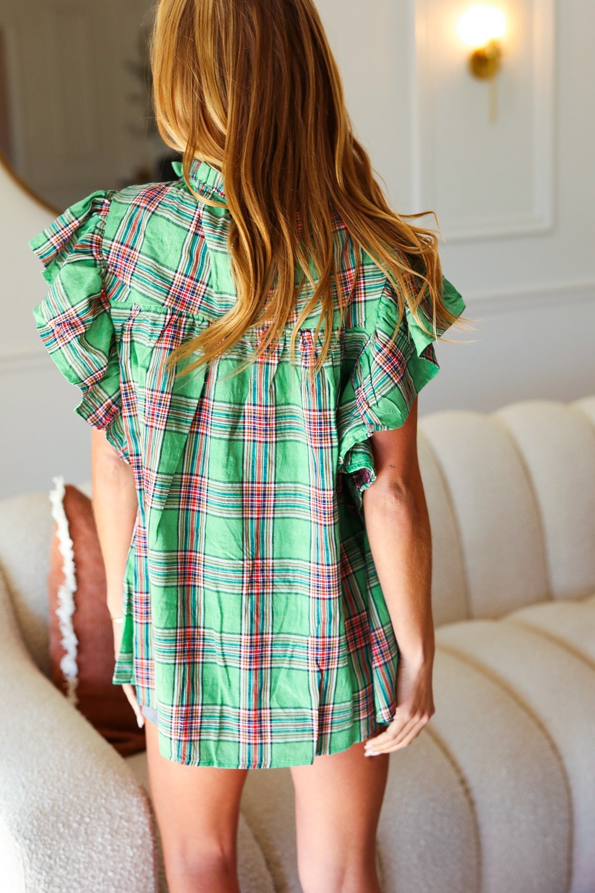 Pipe Dream Plaid Flutter Sleeve Top • Green