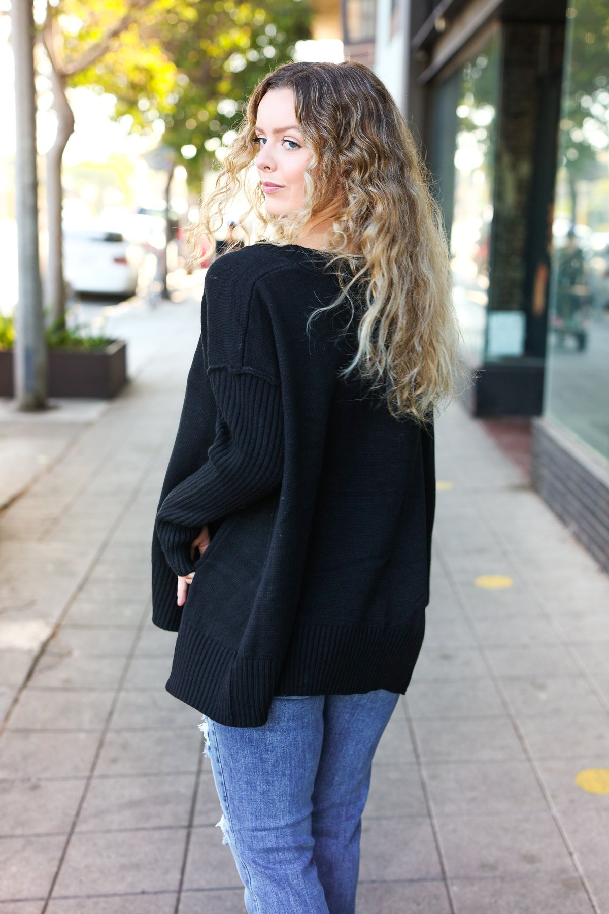Daydream V Neck Rib Knit Sweater • Black