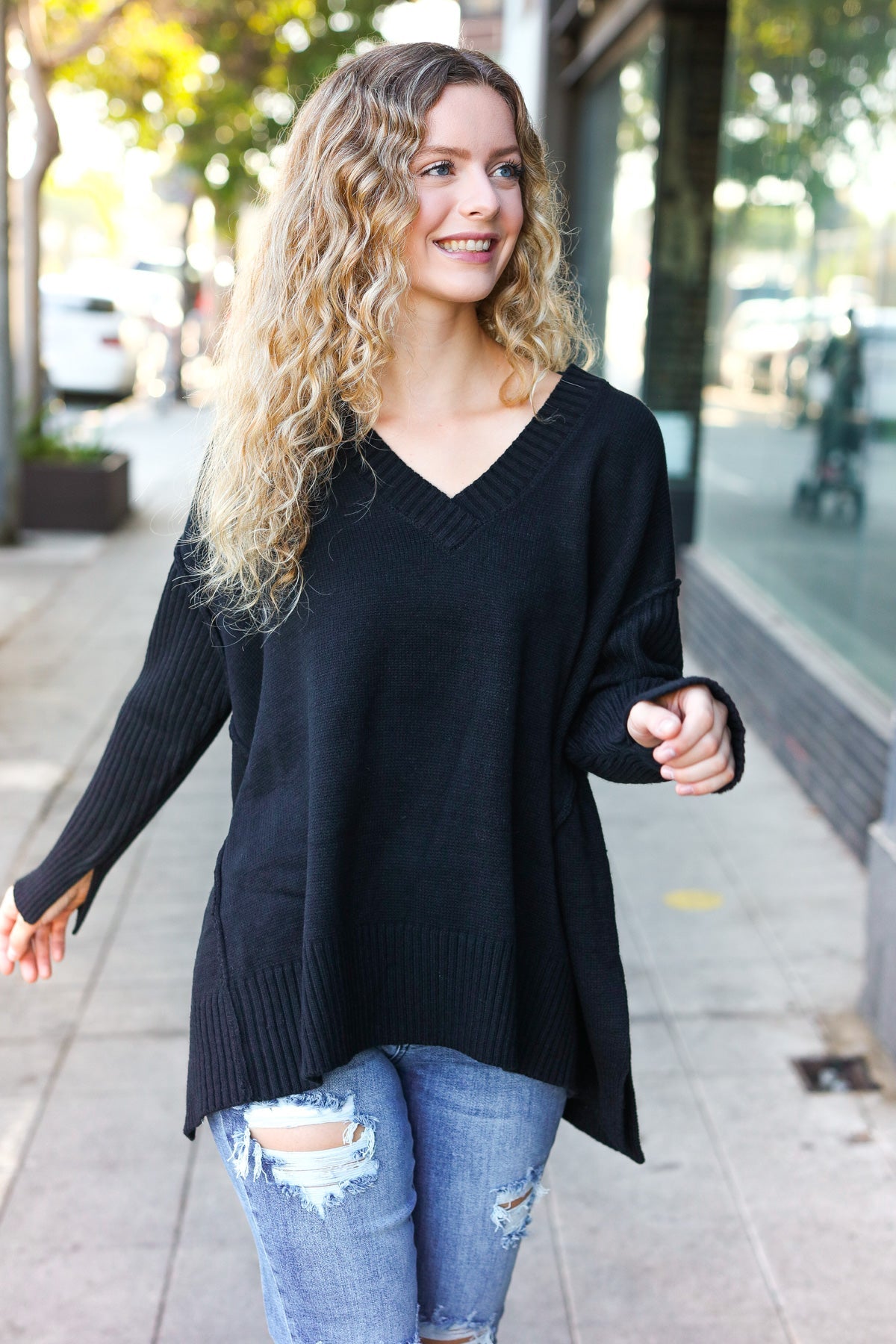 Daydream V Neck Rib Knit Sweater • Black