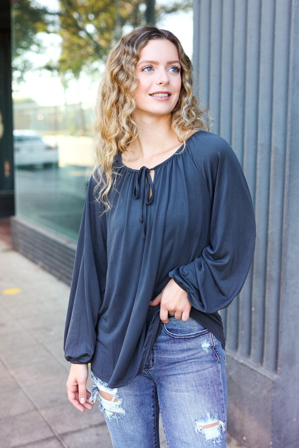 In The Sky Front Tie Modal Knit Peasant Top • Charcoal