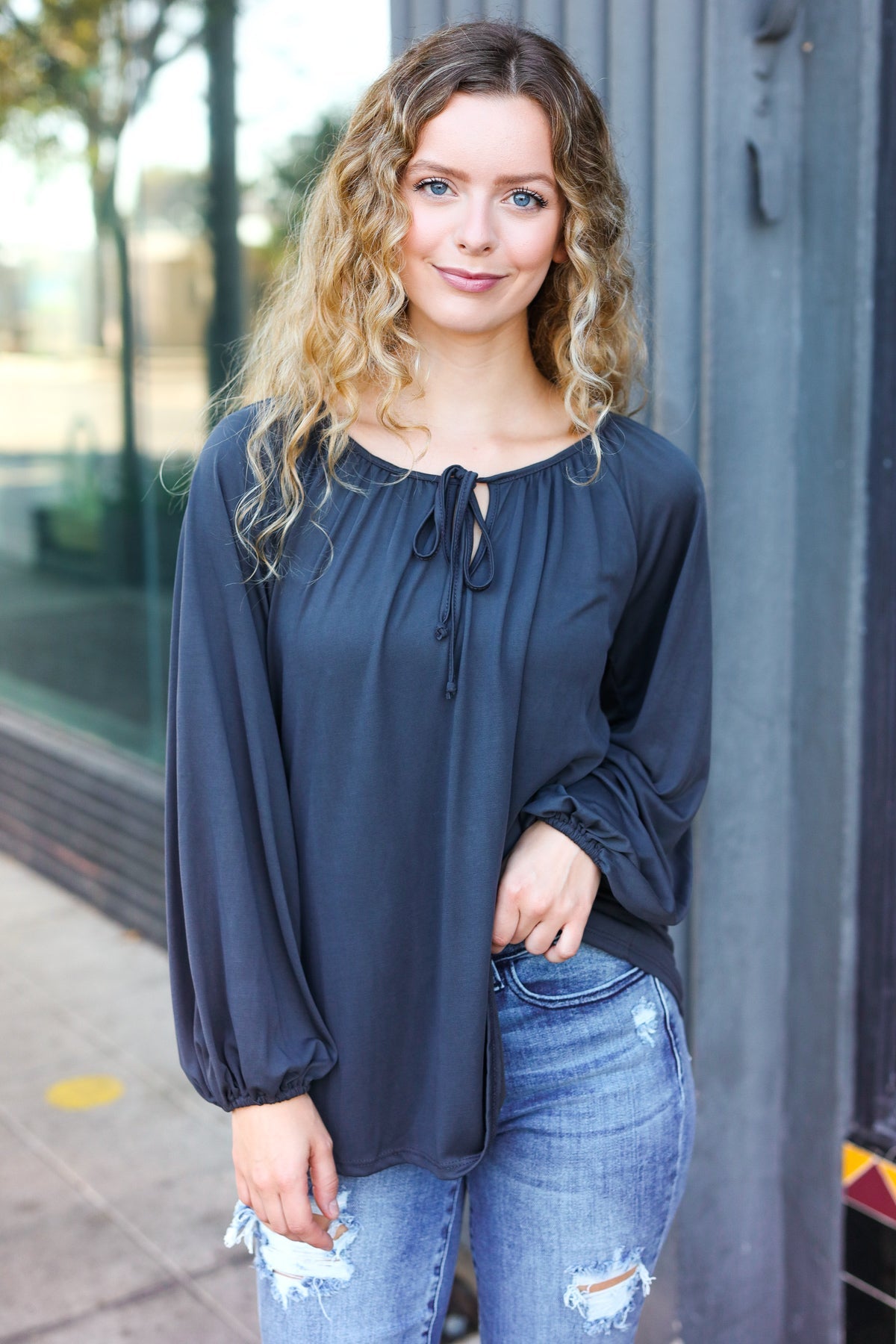 In The Sky Front Tie Modal Knit Peasant Top • Charcoal