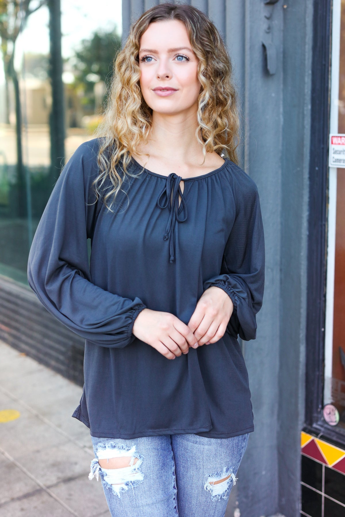 In The Sky Front Tie Modal Knit Peasant Top • Charcoal