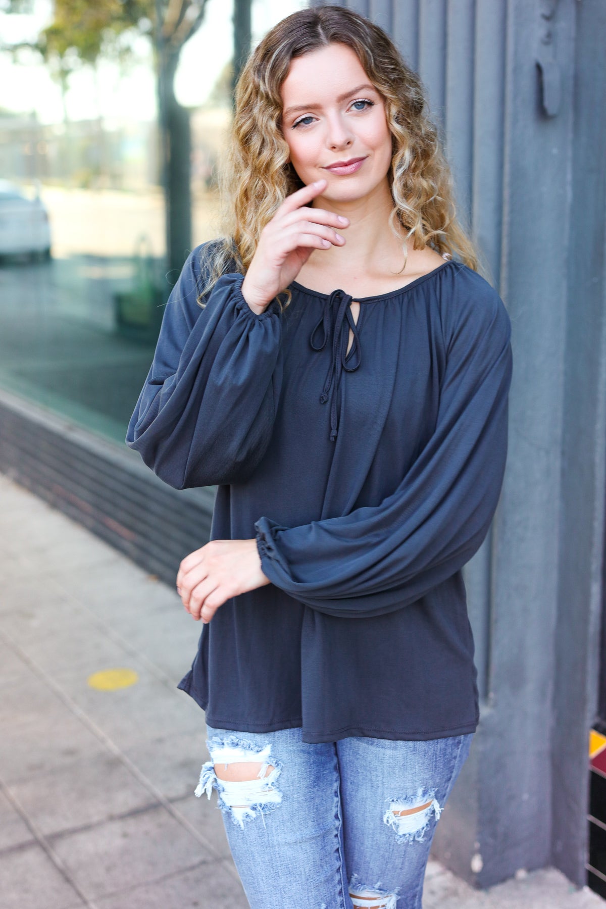 In The Sky Front Tie Modal Knit Peasant Top • Charcoal