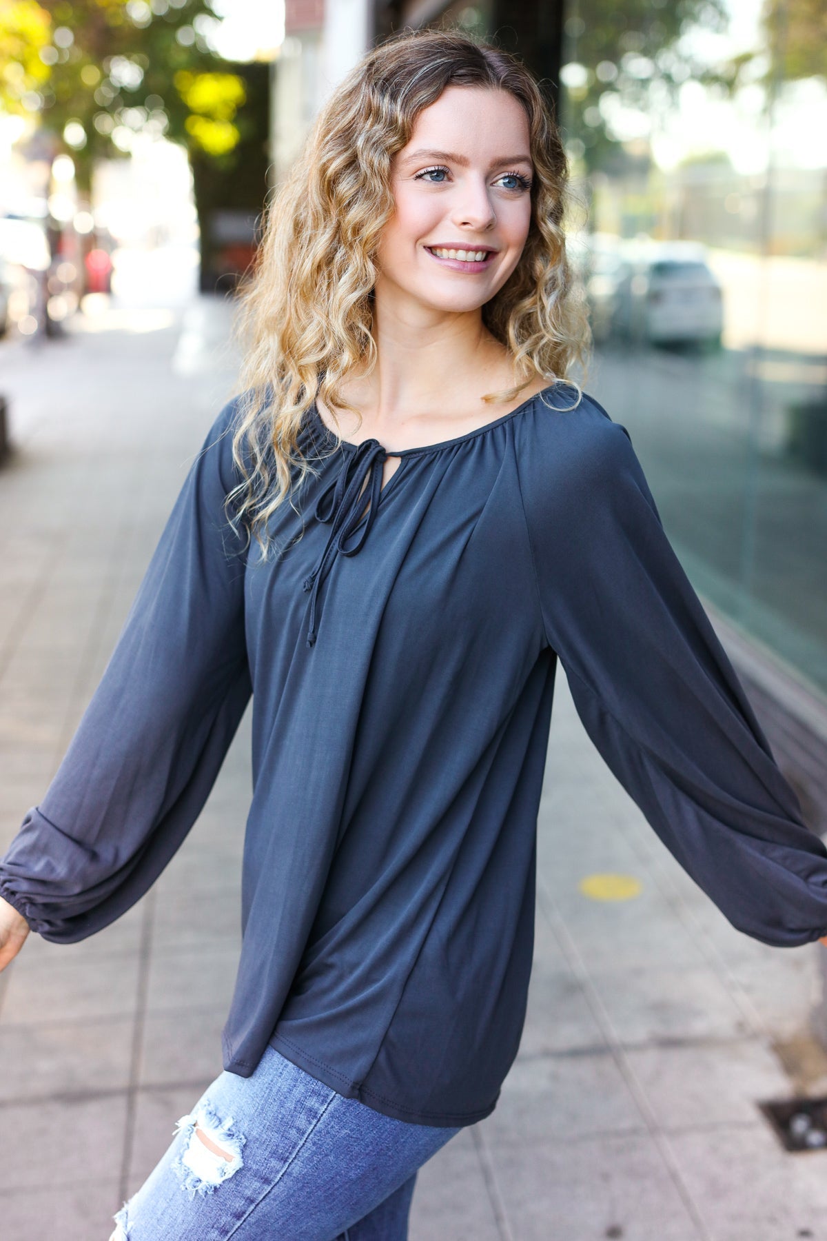 In The Sky Front Tie Modal Knit Peasant Top • Charcoal