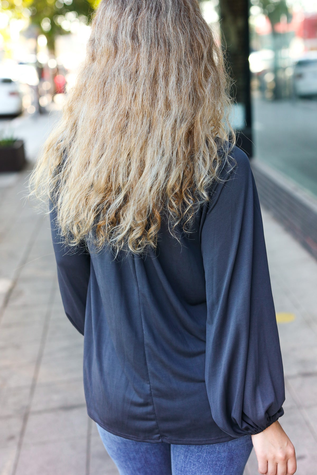In The Sky Front Tie Modal Knit Peasant Top • Charcoal