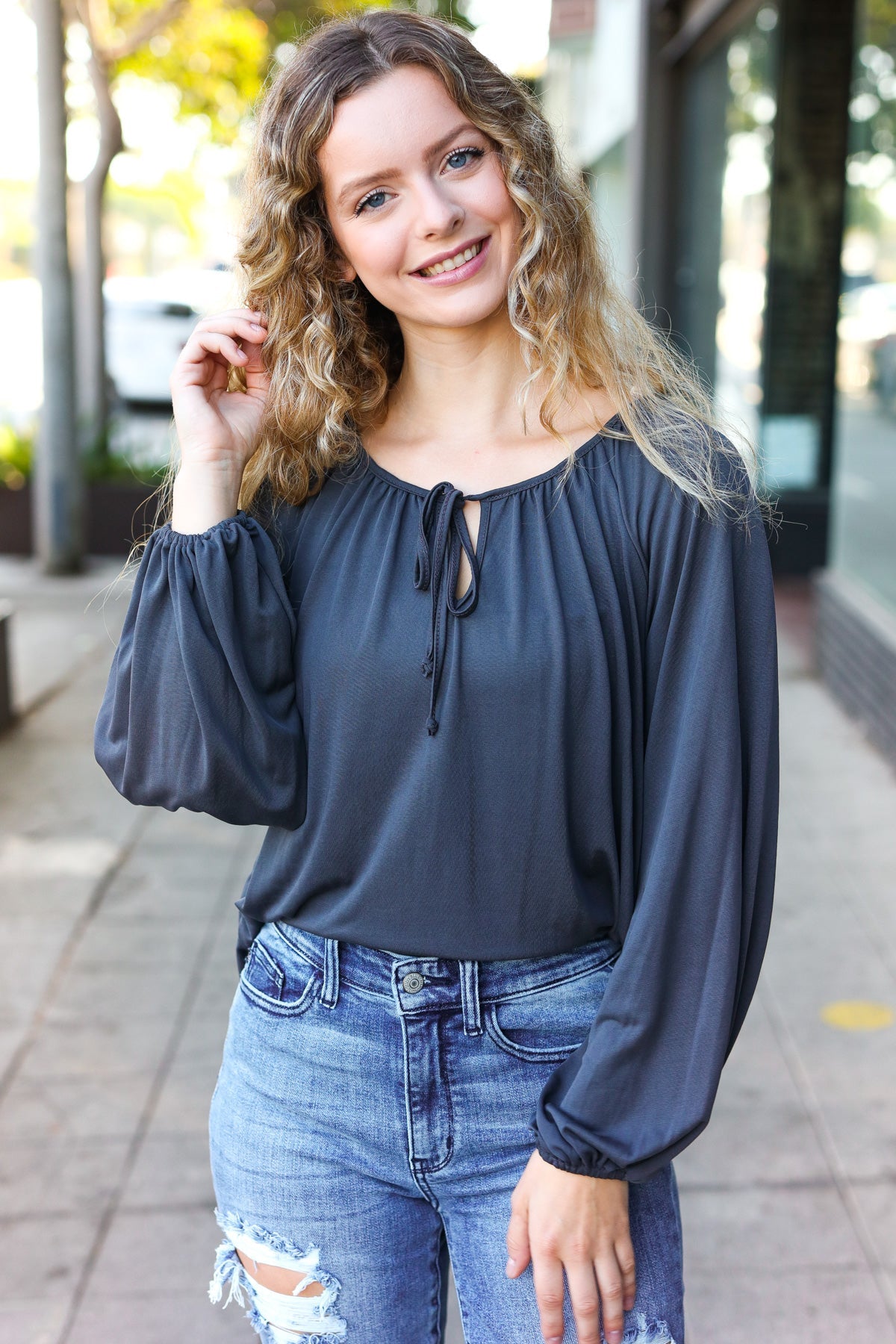 In The Sky Front Tie Modal Knit Peasant Top • Charcoal
