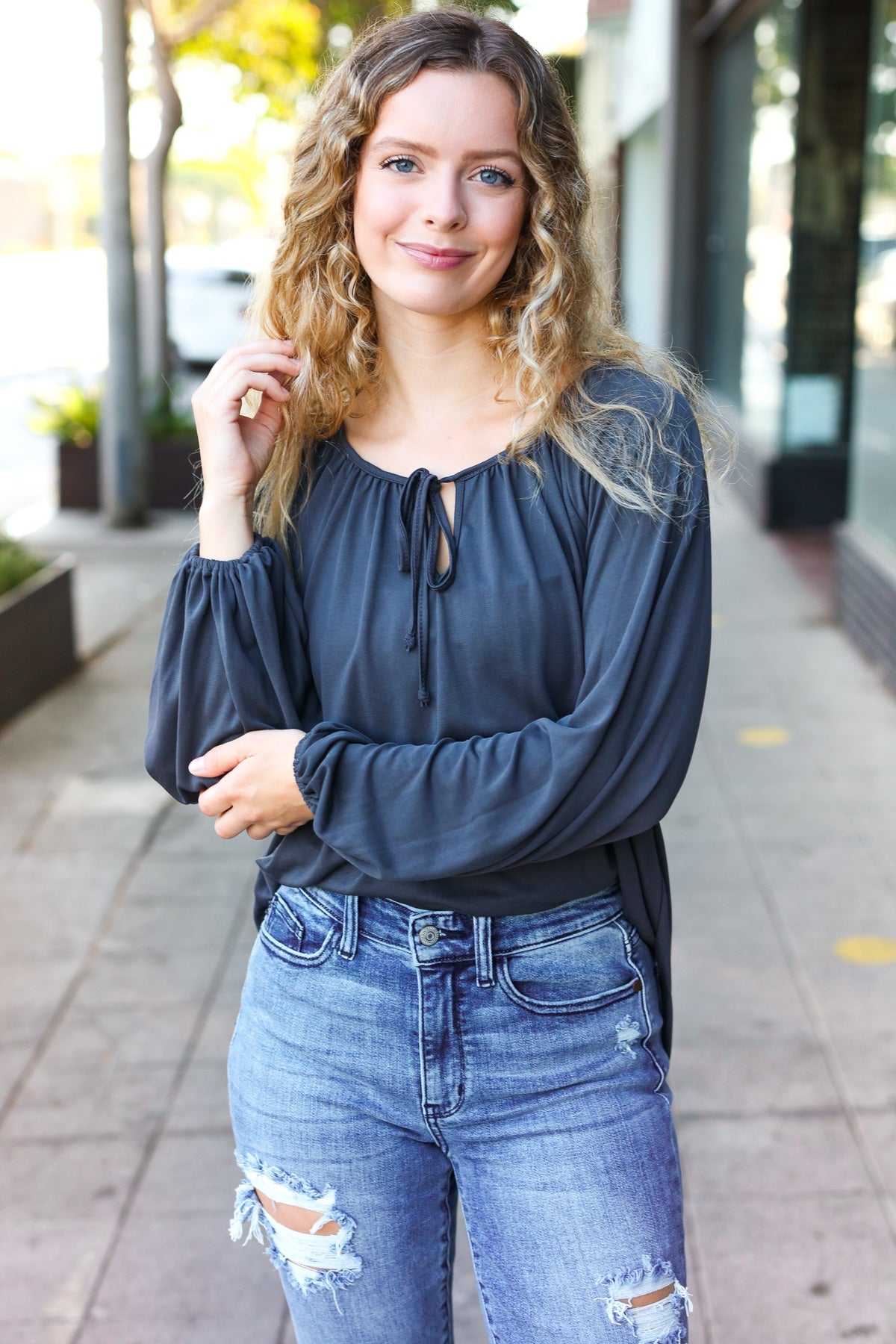 In The Sky Front Tie Modal Knit Peasant Top • Charcoal
