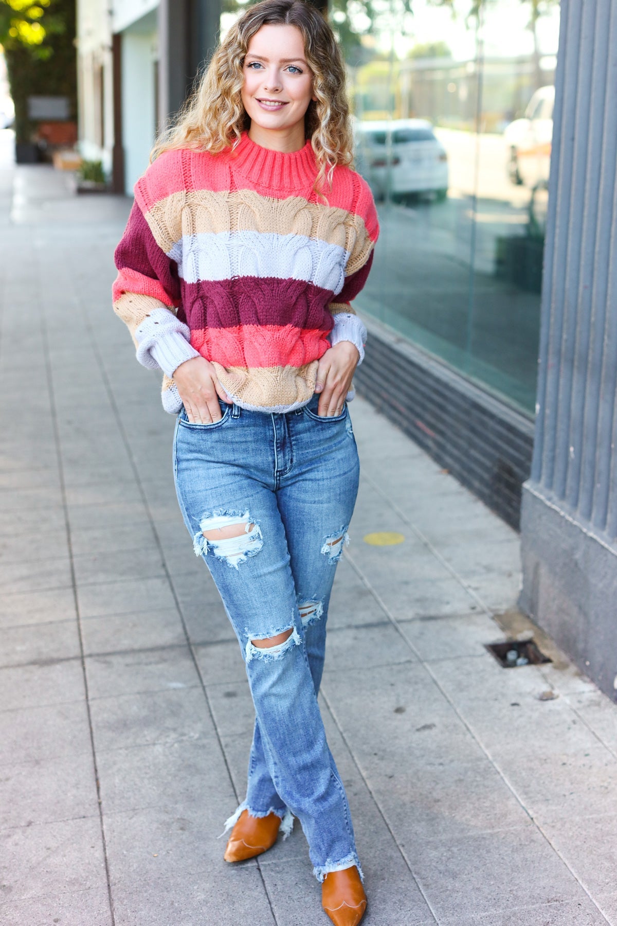 Your Blessings Stripe Cable Knit Mock Neck Sweater • Rust