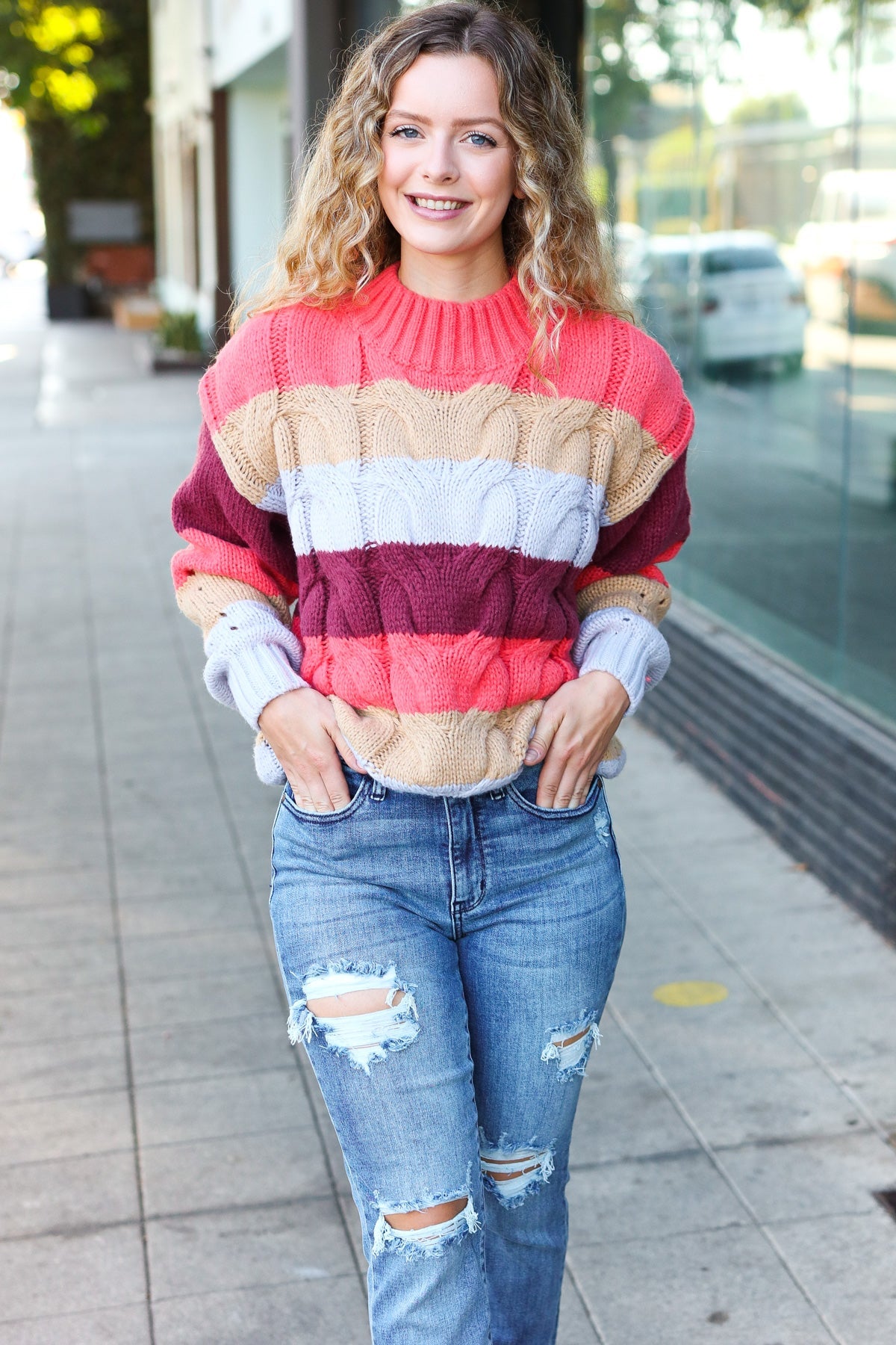 Your Blessings Stripe Cable Knit Mock Neck Sweater • Rust