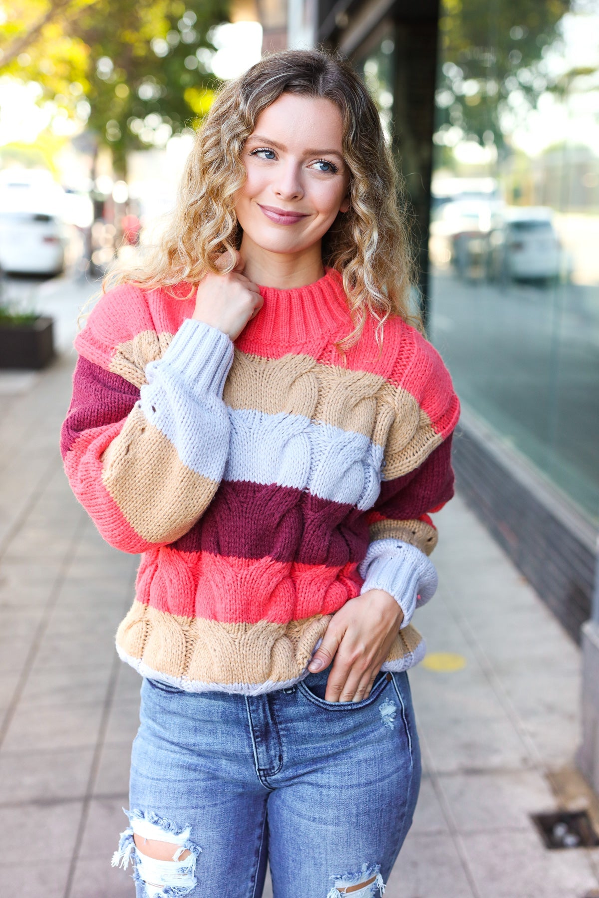 Your Blessings Stripe Cable Knit Mock Neck Sweater • Rust