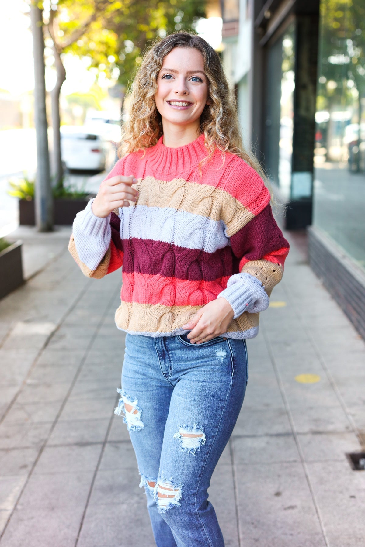 Your Blessings Stripe Cable Knit Mock Neck Sweater • Rust