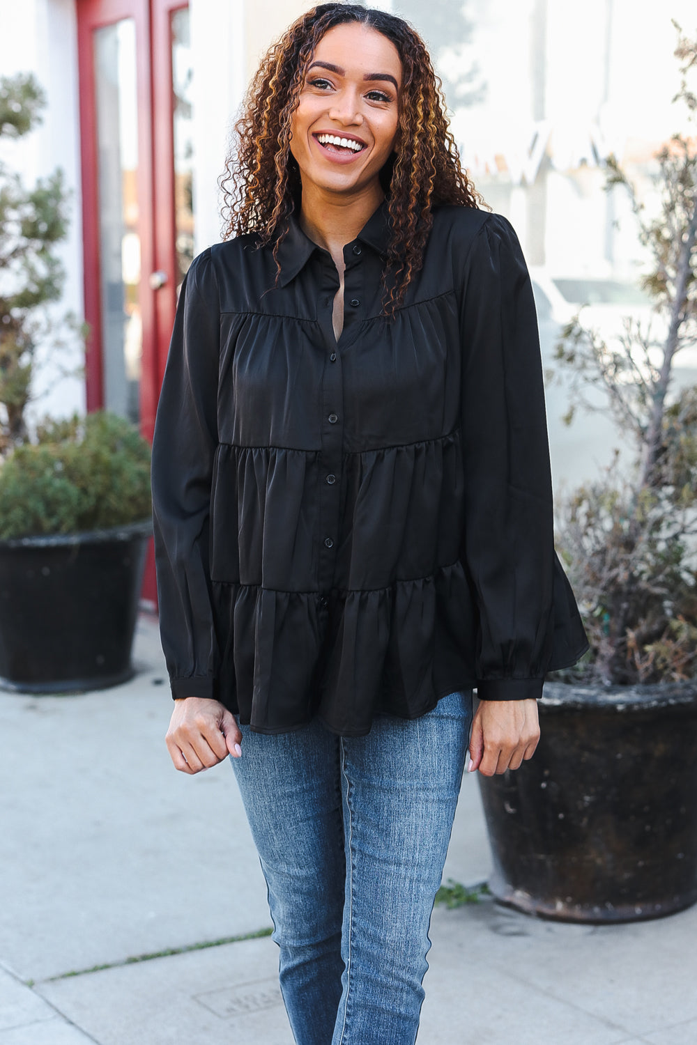 Need You Now Button Down Tiered Babydoll Satin Top • Black
