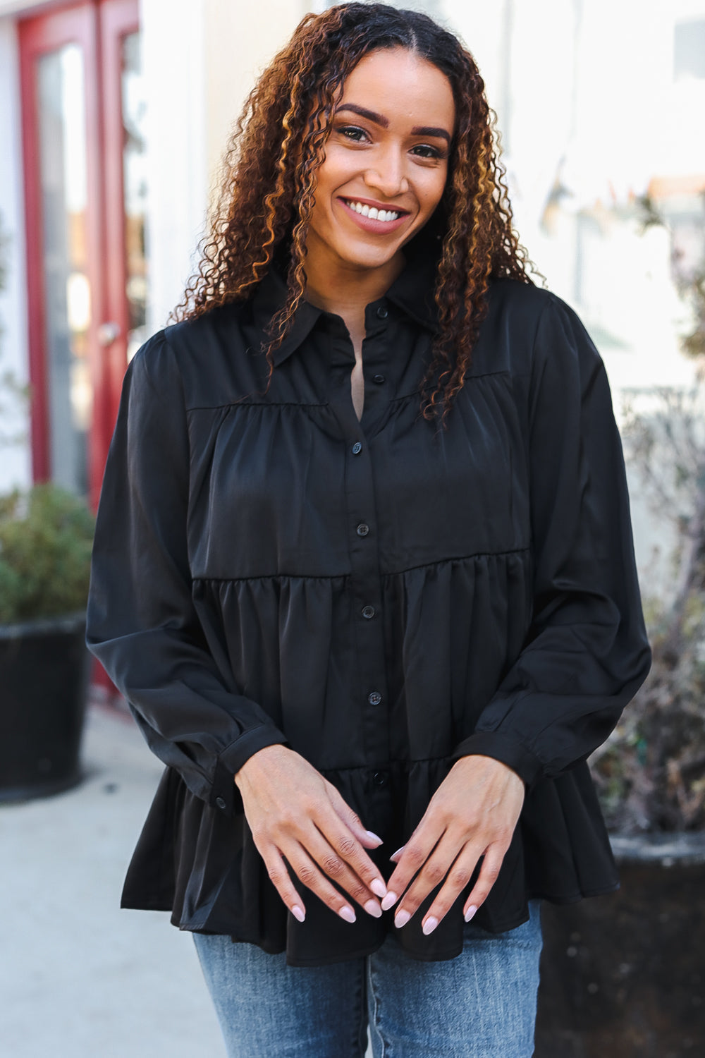 Need You Now Button Down Tiered Babydoll Satin Top • Black