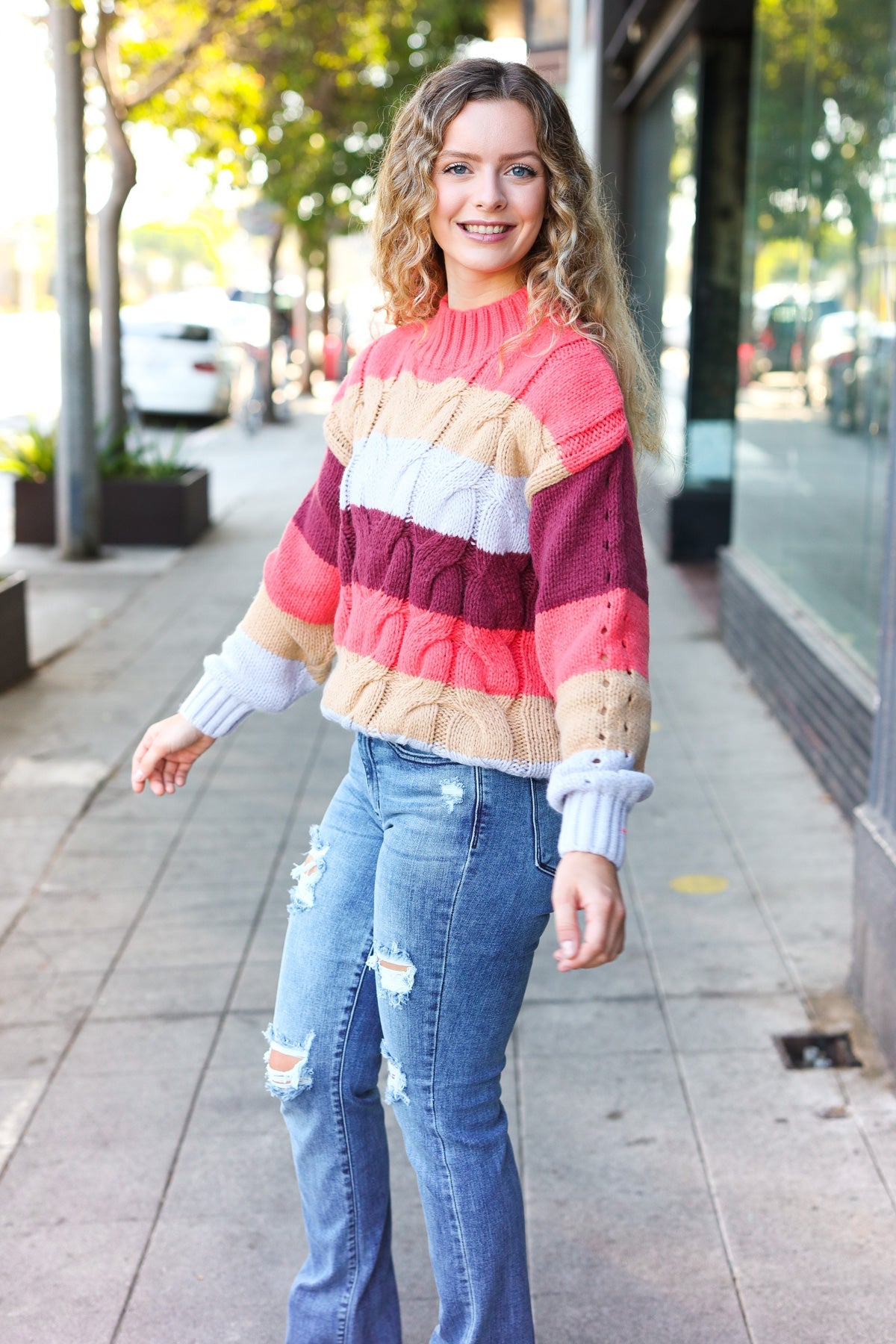Your Blessings Stripe Cable Knit Mock Neck Sweater • Rust