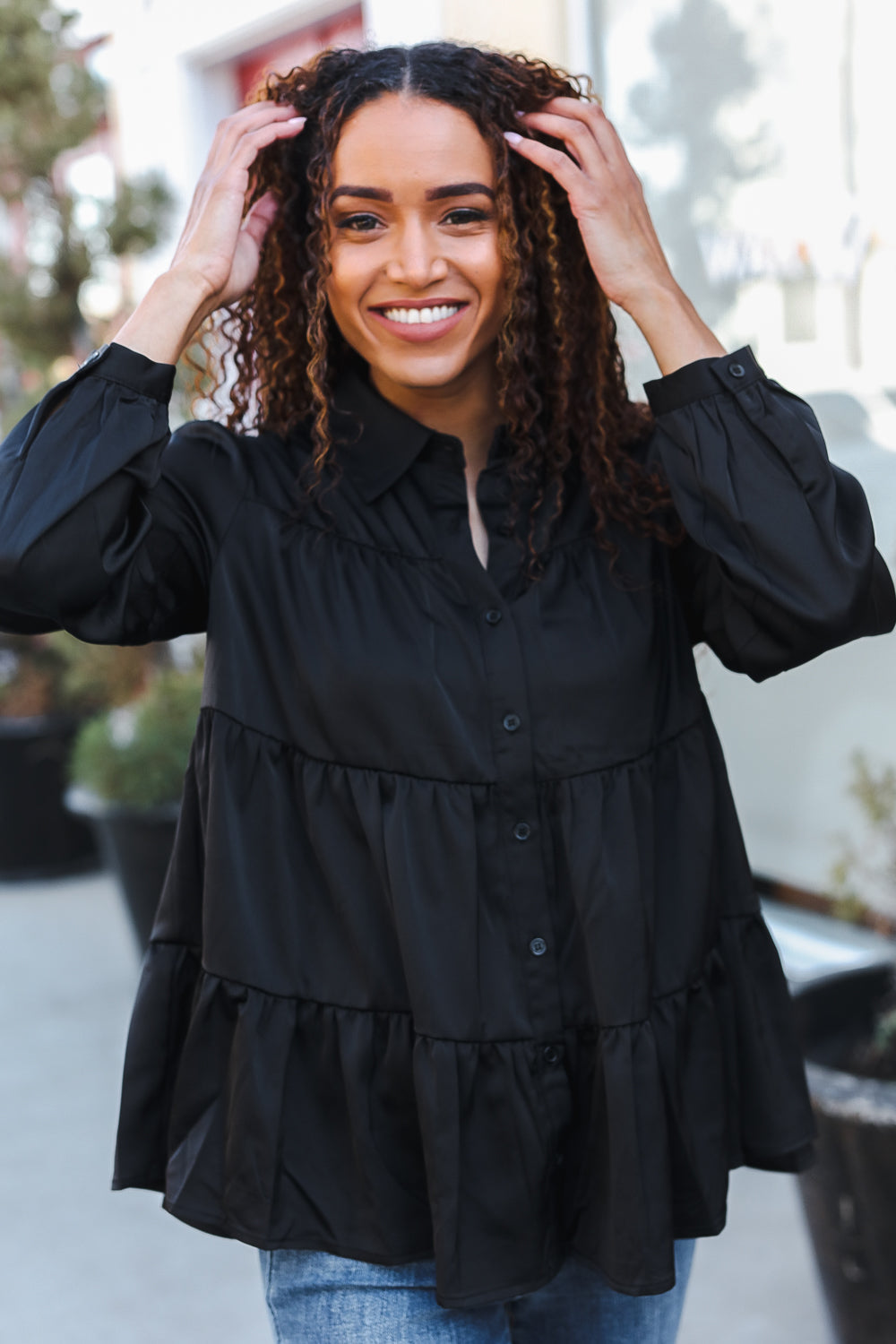 Need You Now Button Down Tiered Babydoll Satin Top • Black
