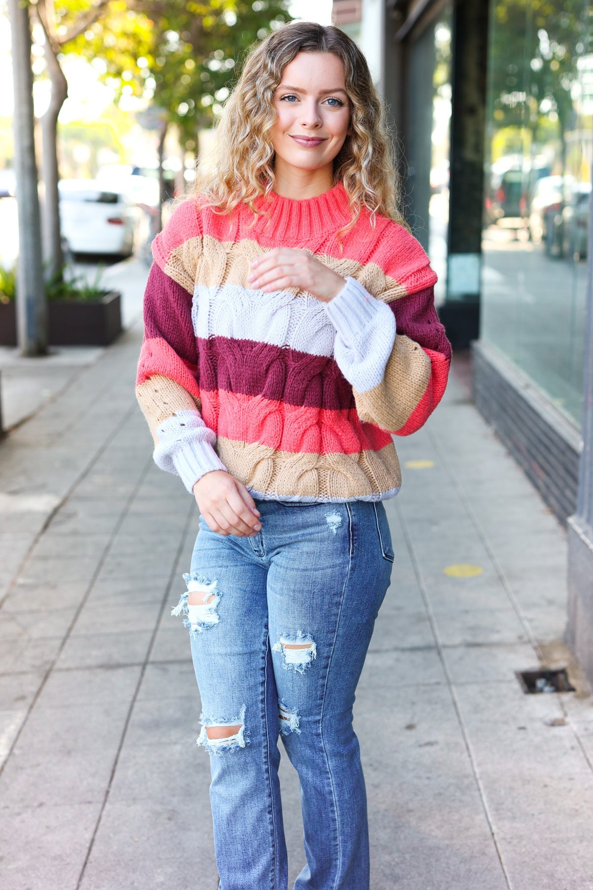 Your Blessings Stripe Cable Knit Mock Neck Sweater • Rust