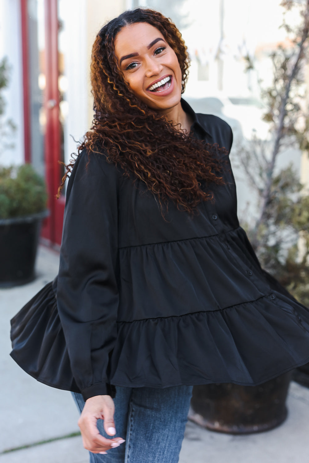 Need You Now Button Down Tiered Babydoll Satin Top • Black