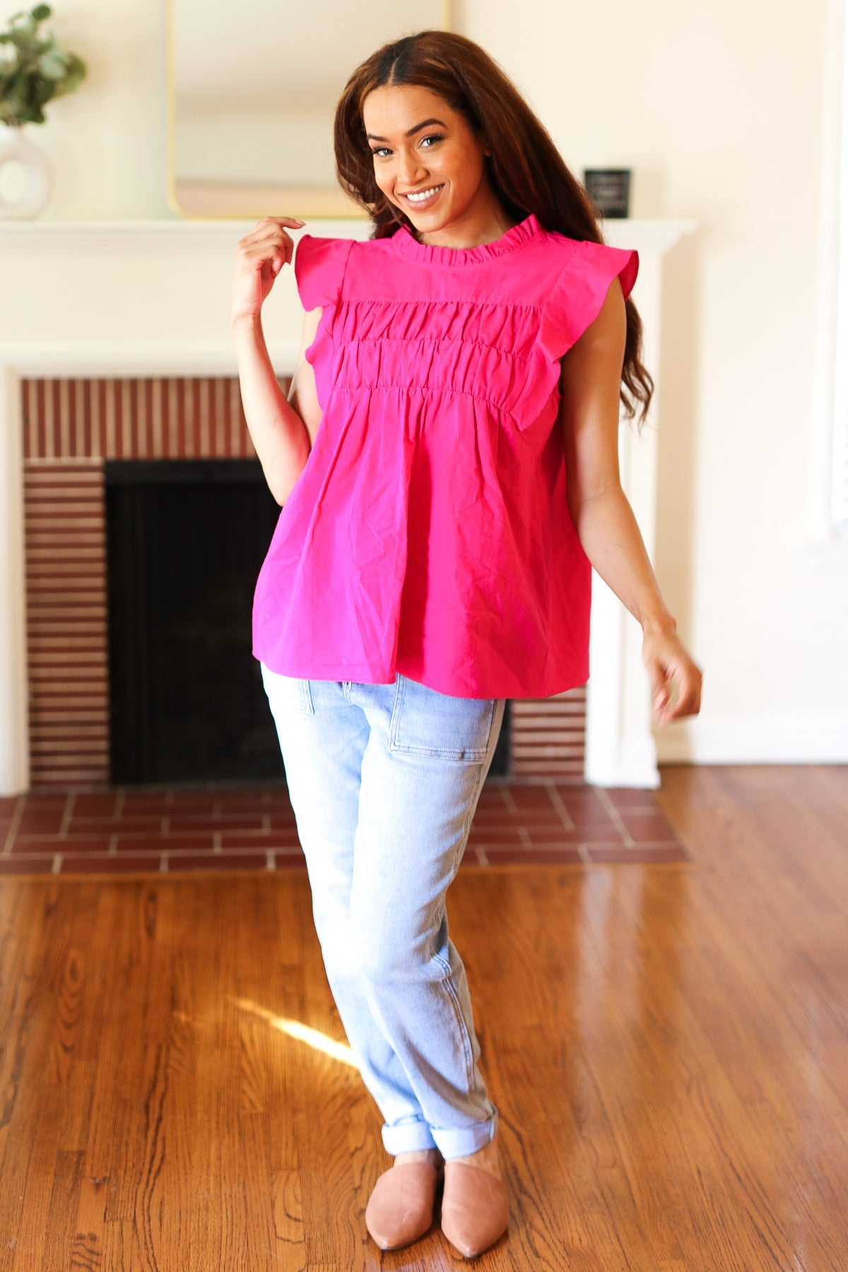 Love Life Frill Mock Neck Top • Fuchsia