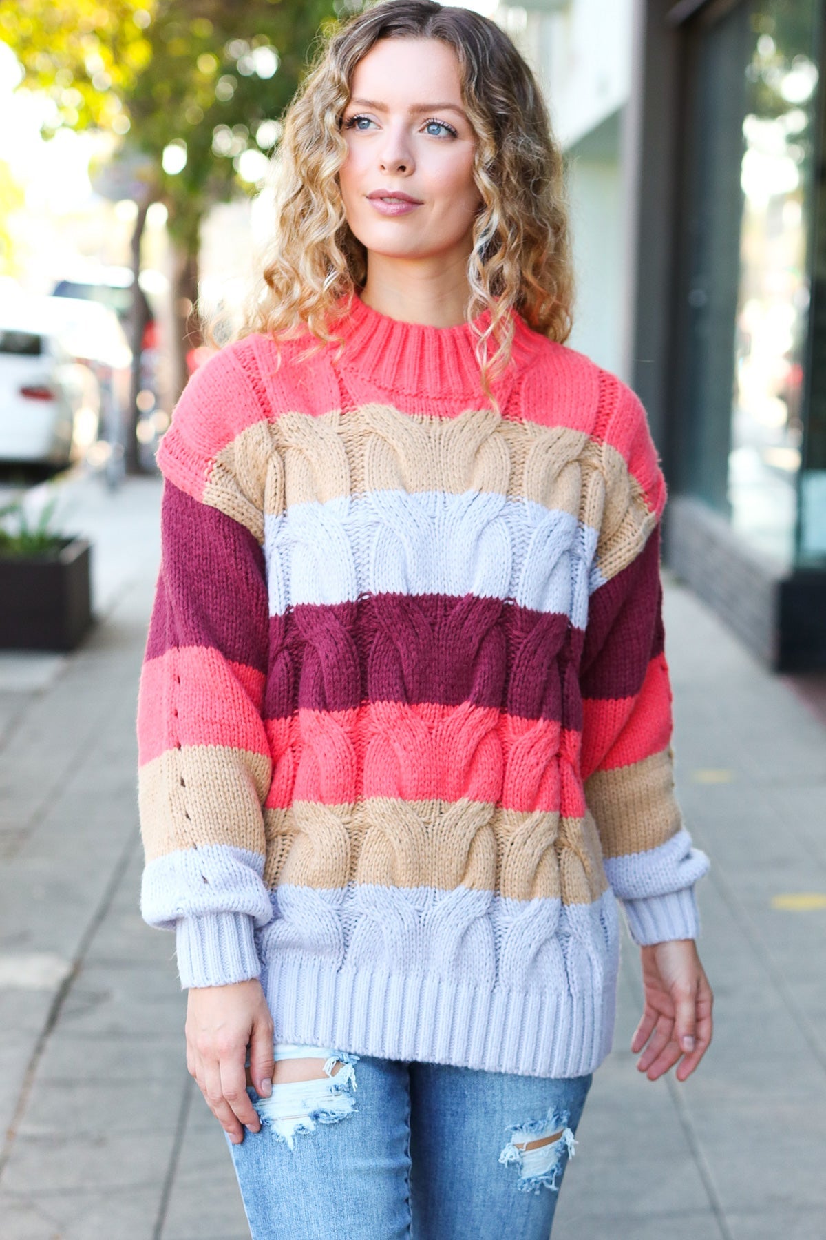 Your Blessings Stripe Cable Knit Mock Neck Sweater • Rust