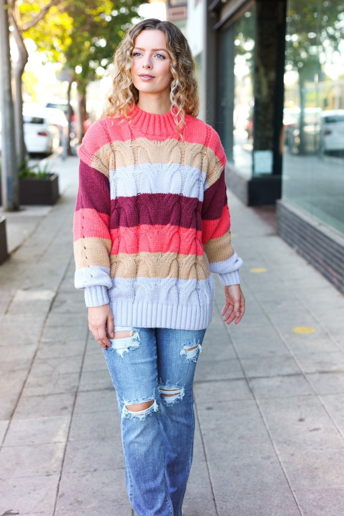 Your Blessings Stripe Cable Knit Mock Neck Sweater • Rust