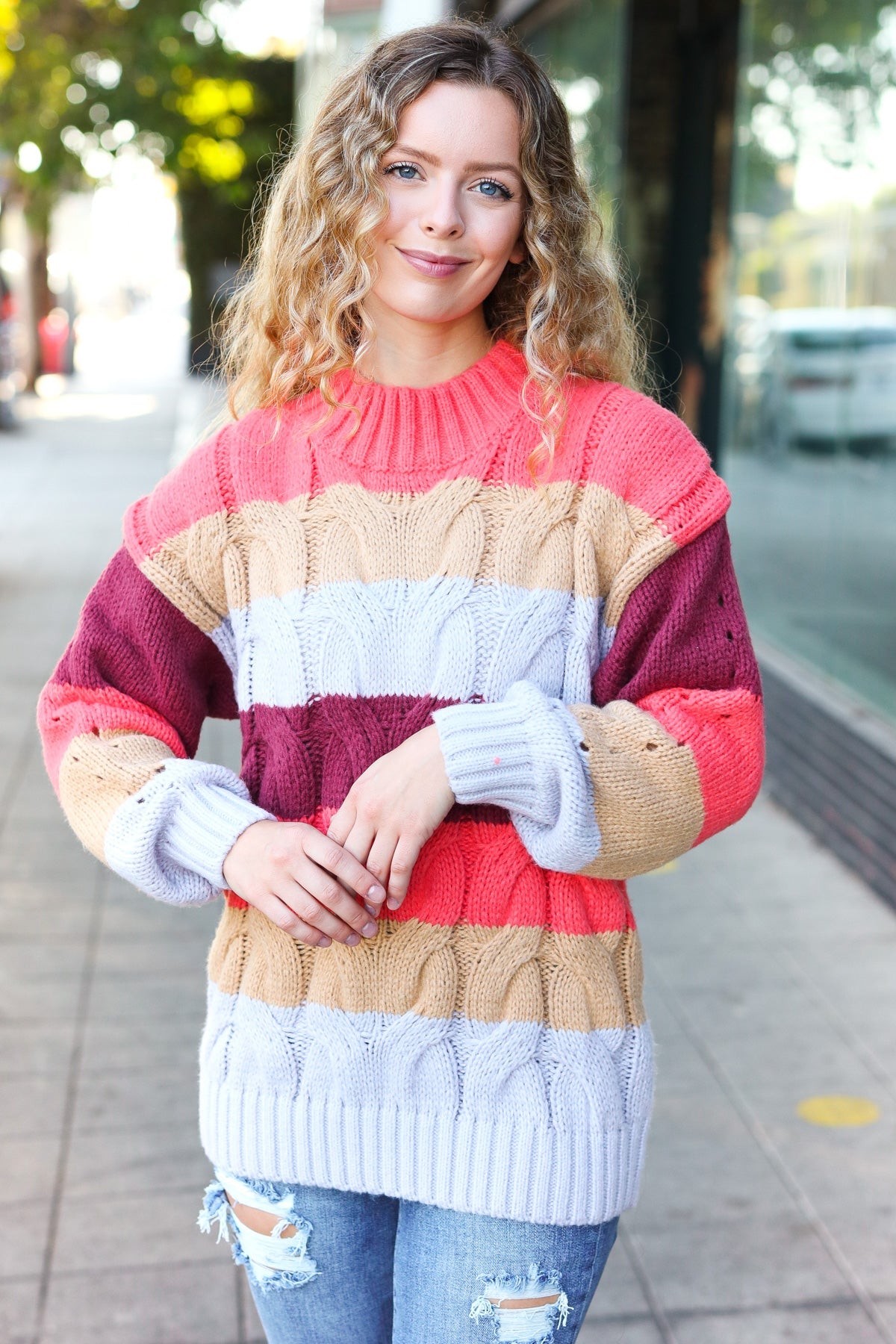 Your Blessings Stripe Cable Knit Mock Neck Sweater • Rust