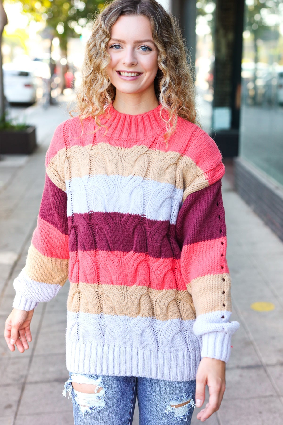 Your Blessings Stripe Cable Knit Mock Neck Sweater • Rust
