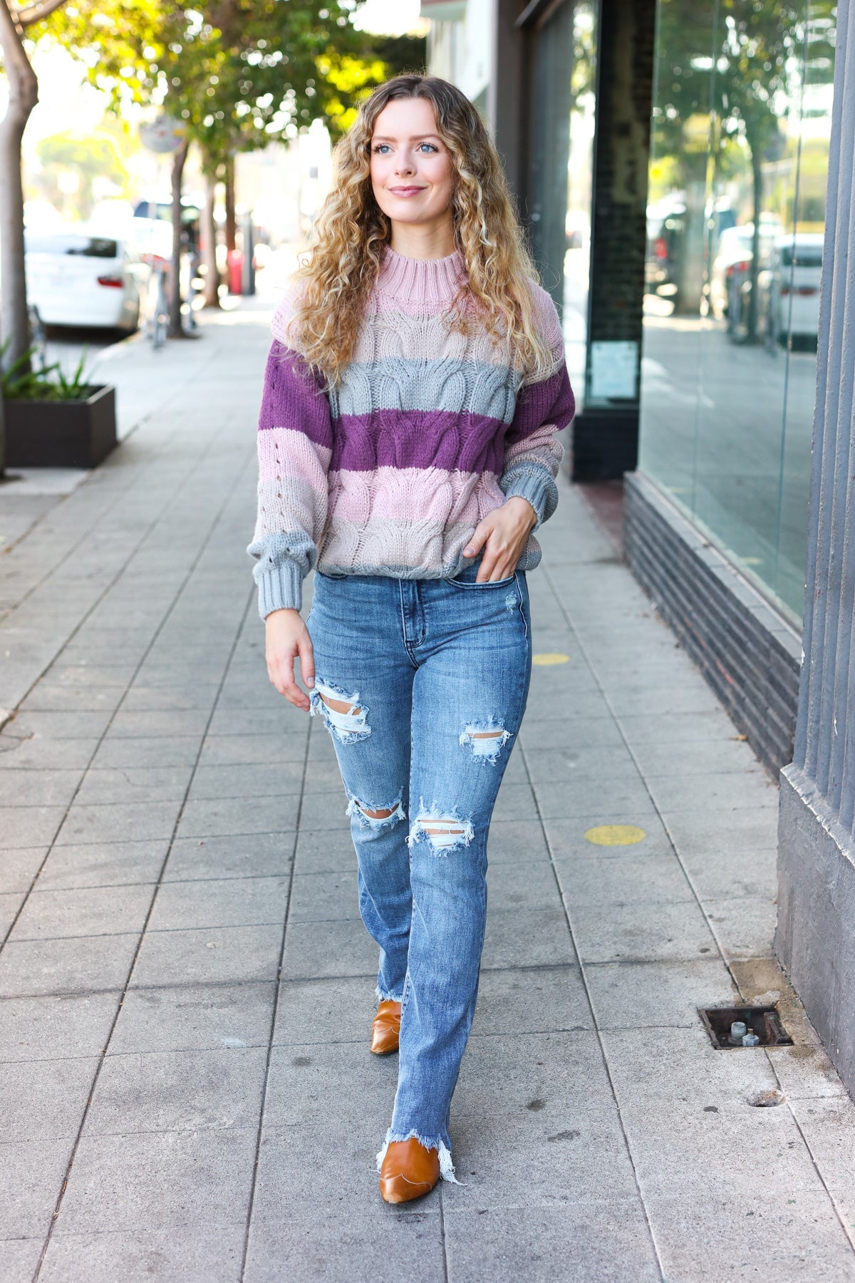 Your Blessings Stripe Cable Knit Mock Neck Sweater • Mauve