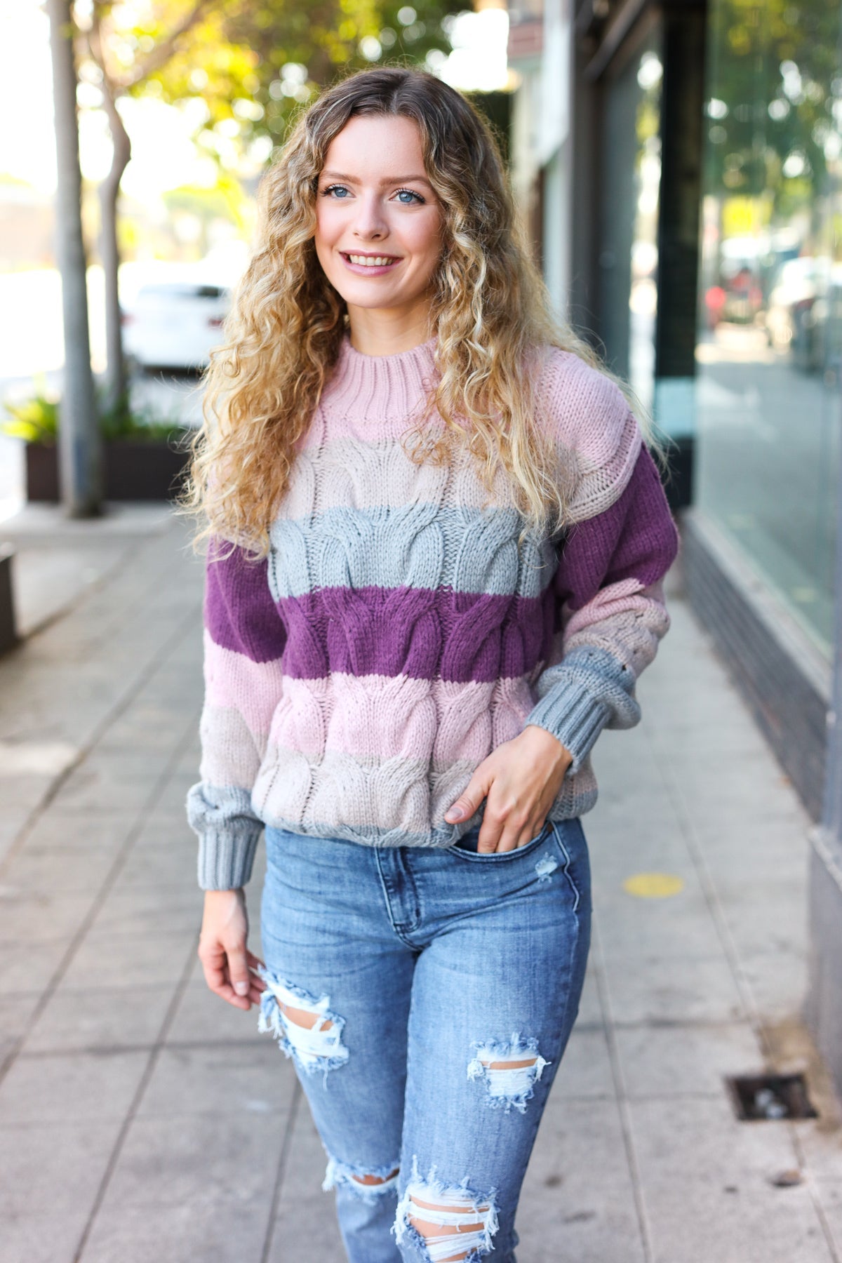 Your Blessings Stripe Cable Knit Mock Neck Sweater • Mauve