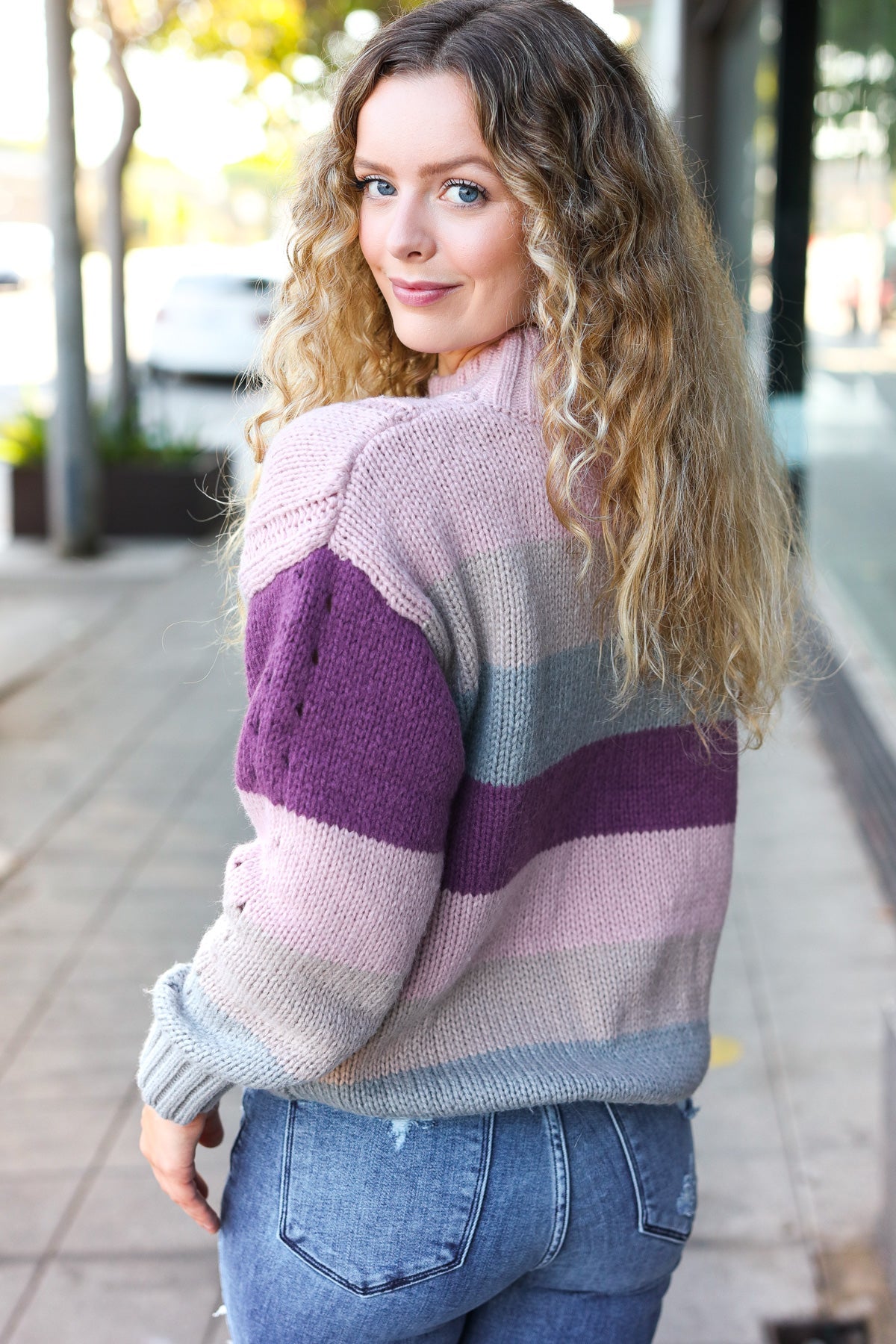 Your Blessings Stripe Cable Knit Mock Neck Sweater • Mauve