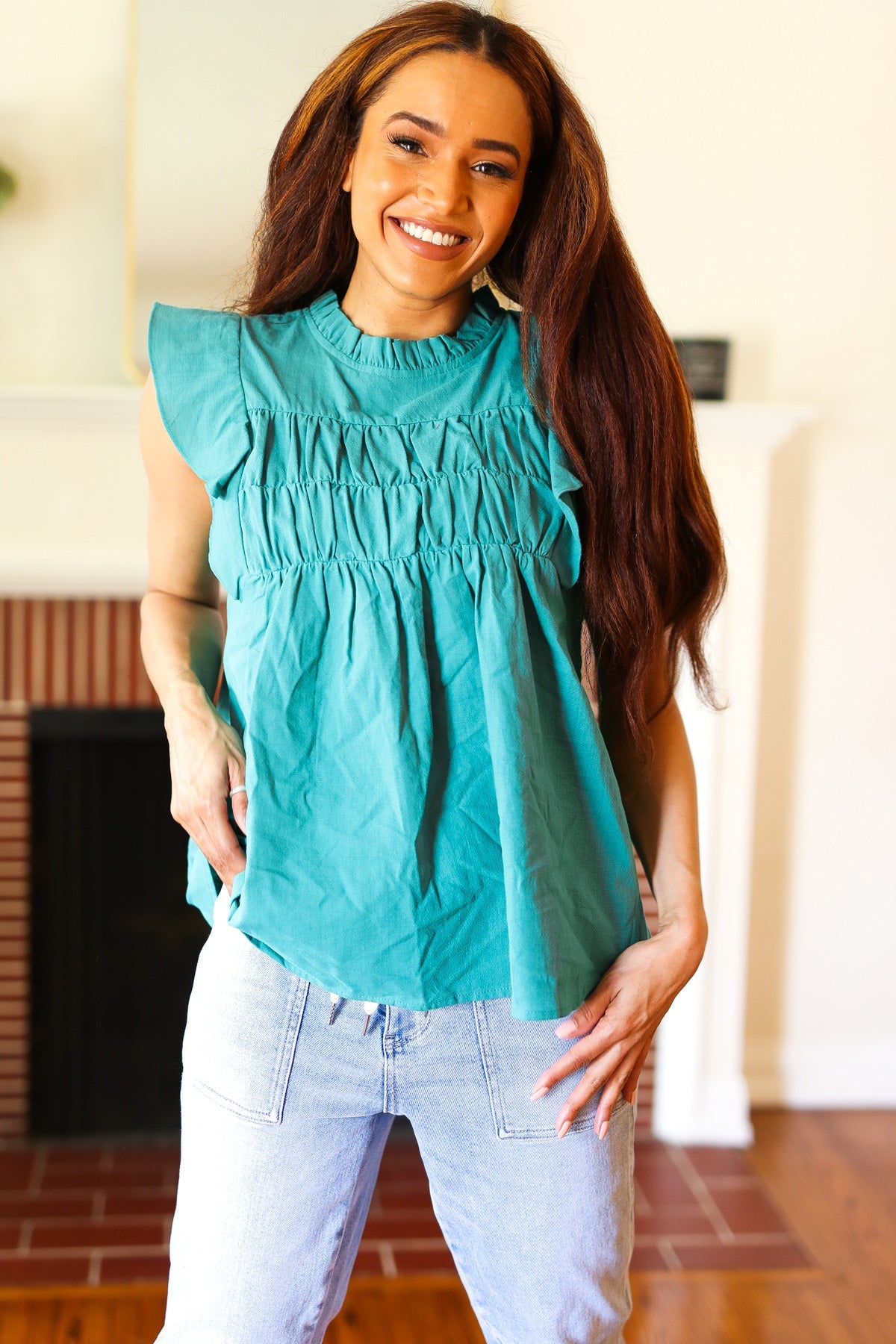 Love Life Frill Mock Neck Top • Teal