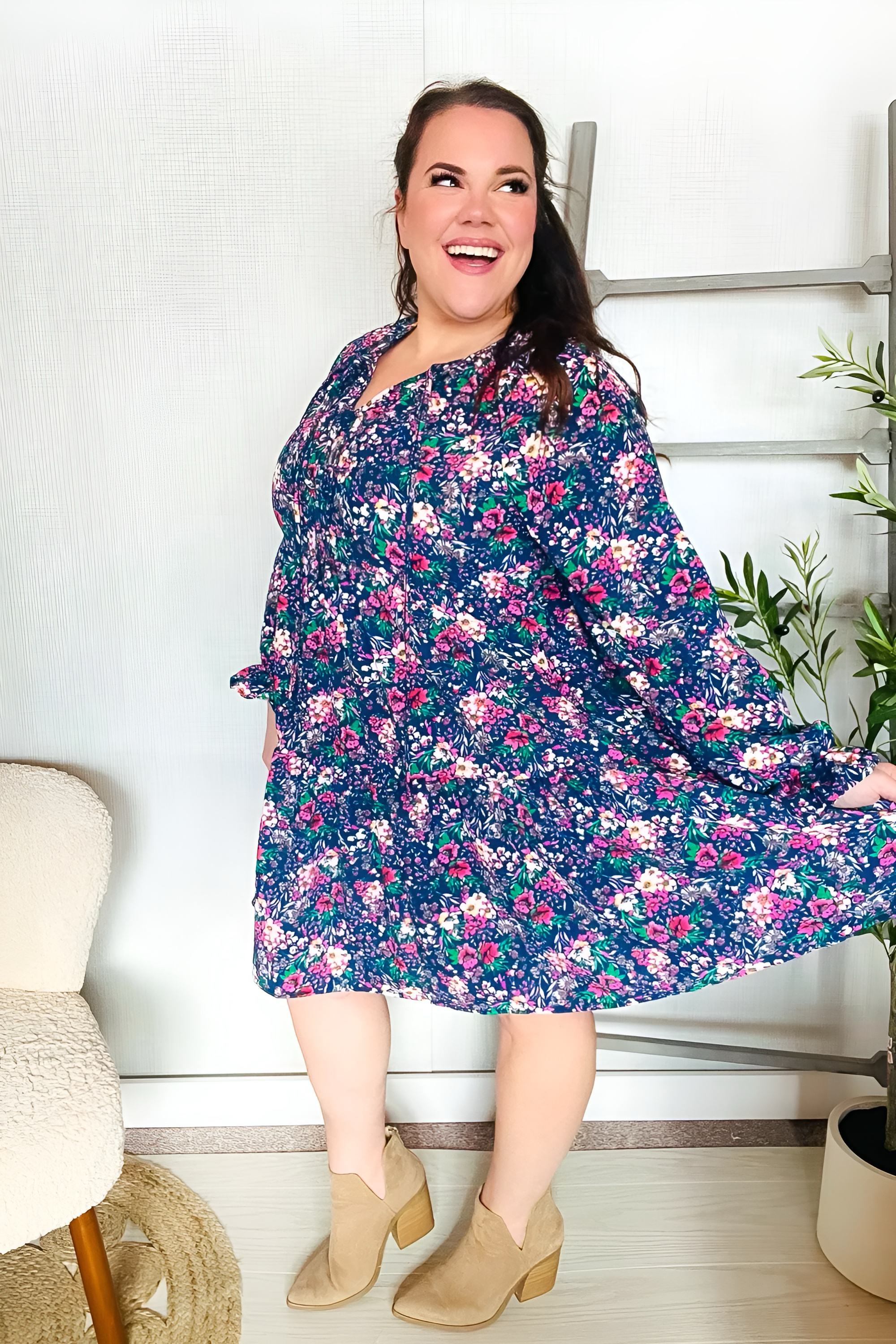 Back In Town Floral Bow Tie Babydoll Ruffle Sleeve Dress