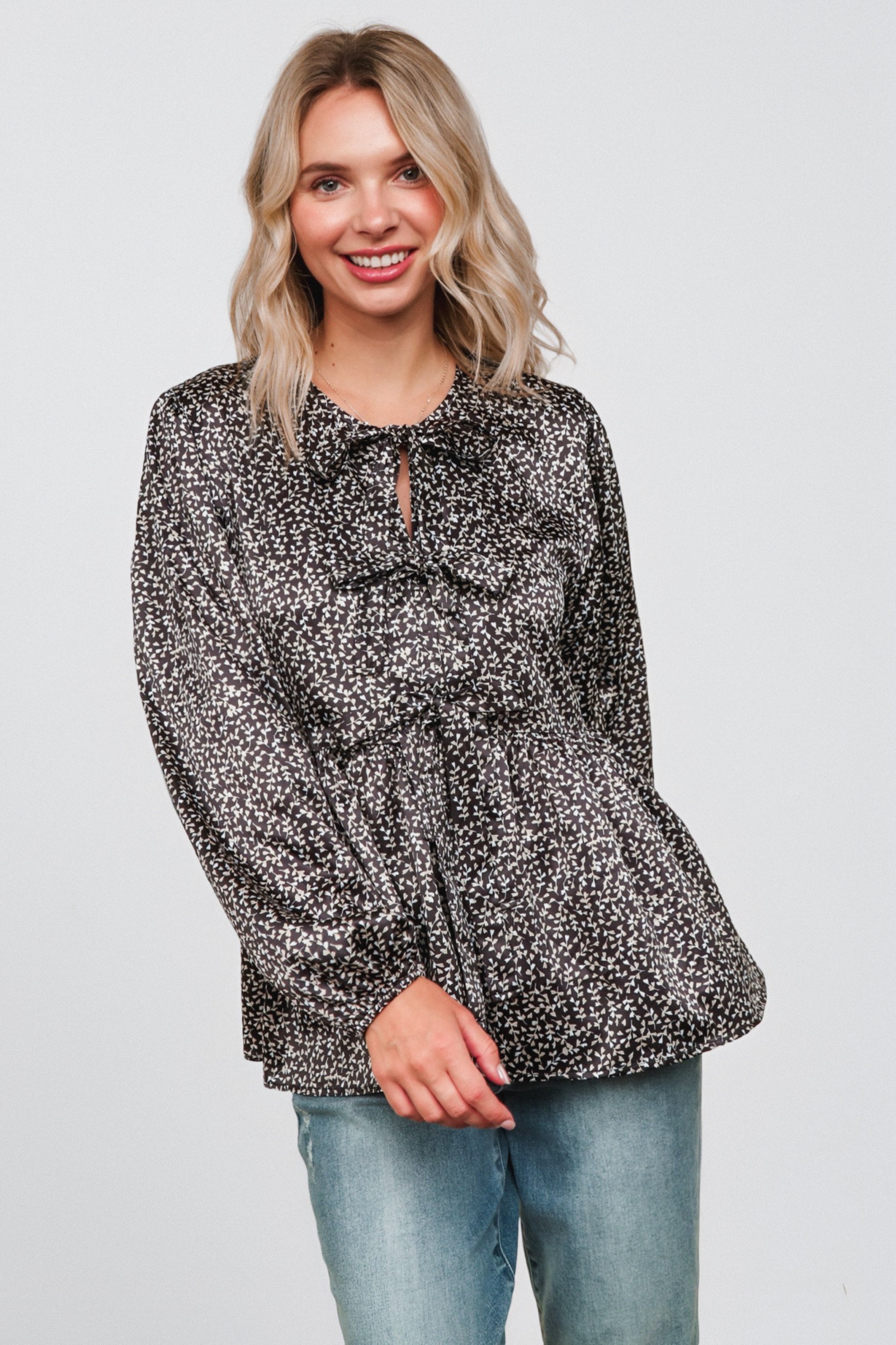 Midnight Petal Bowtie Blouse