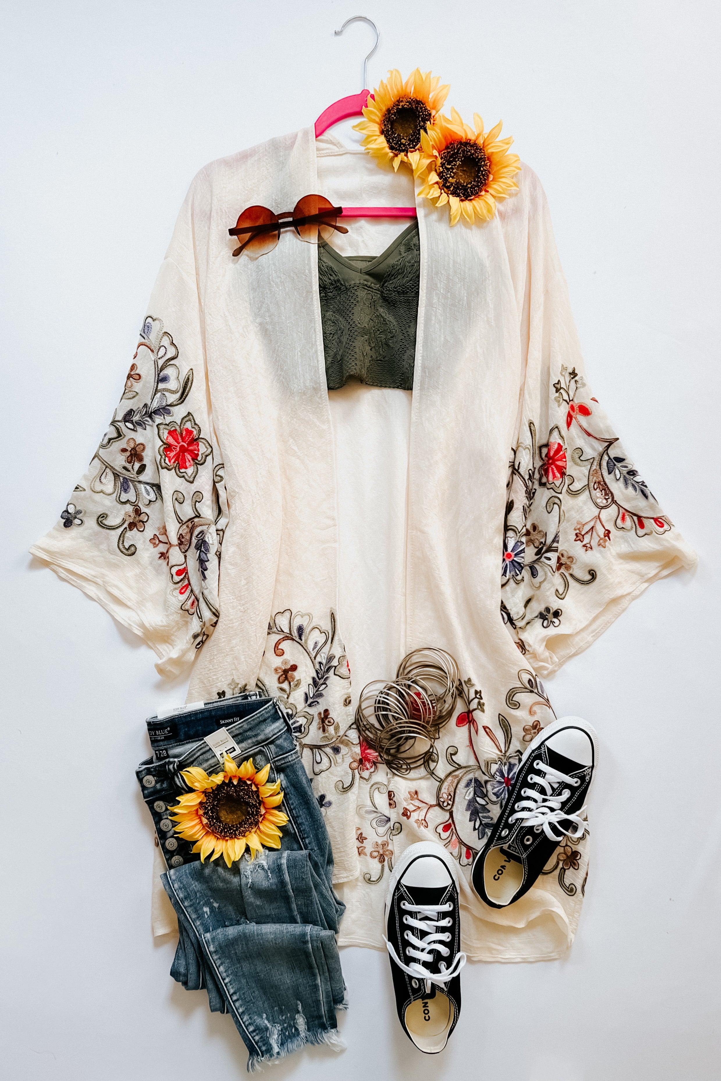 In The Meadow Embroidered Kimono • Cream - Atomic Wildflower