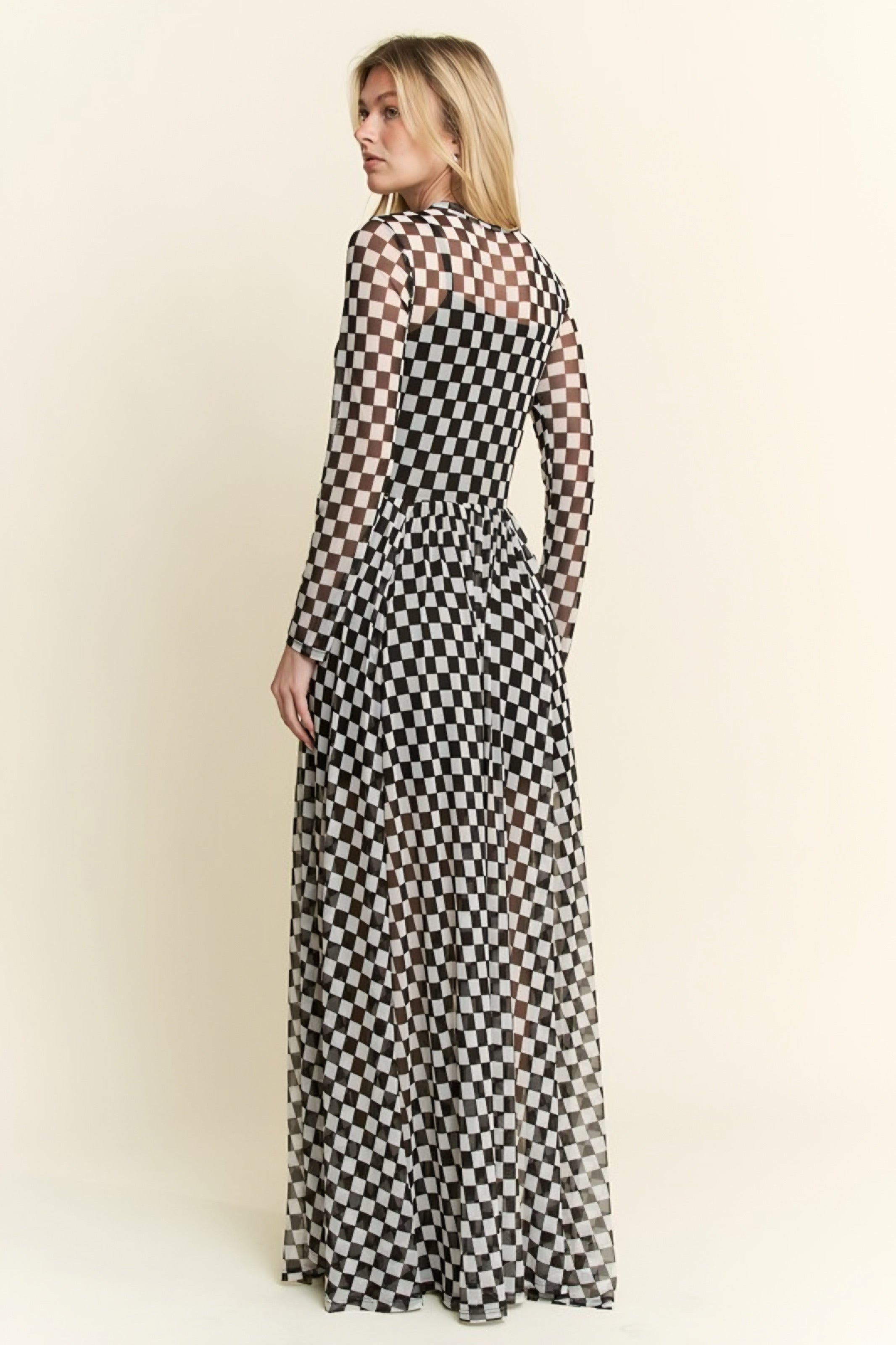 No Compromise Long Sleeve Checkered Print Mesh Maxi Dress