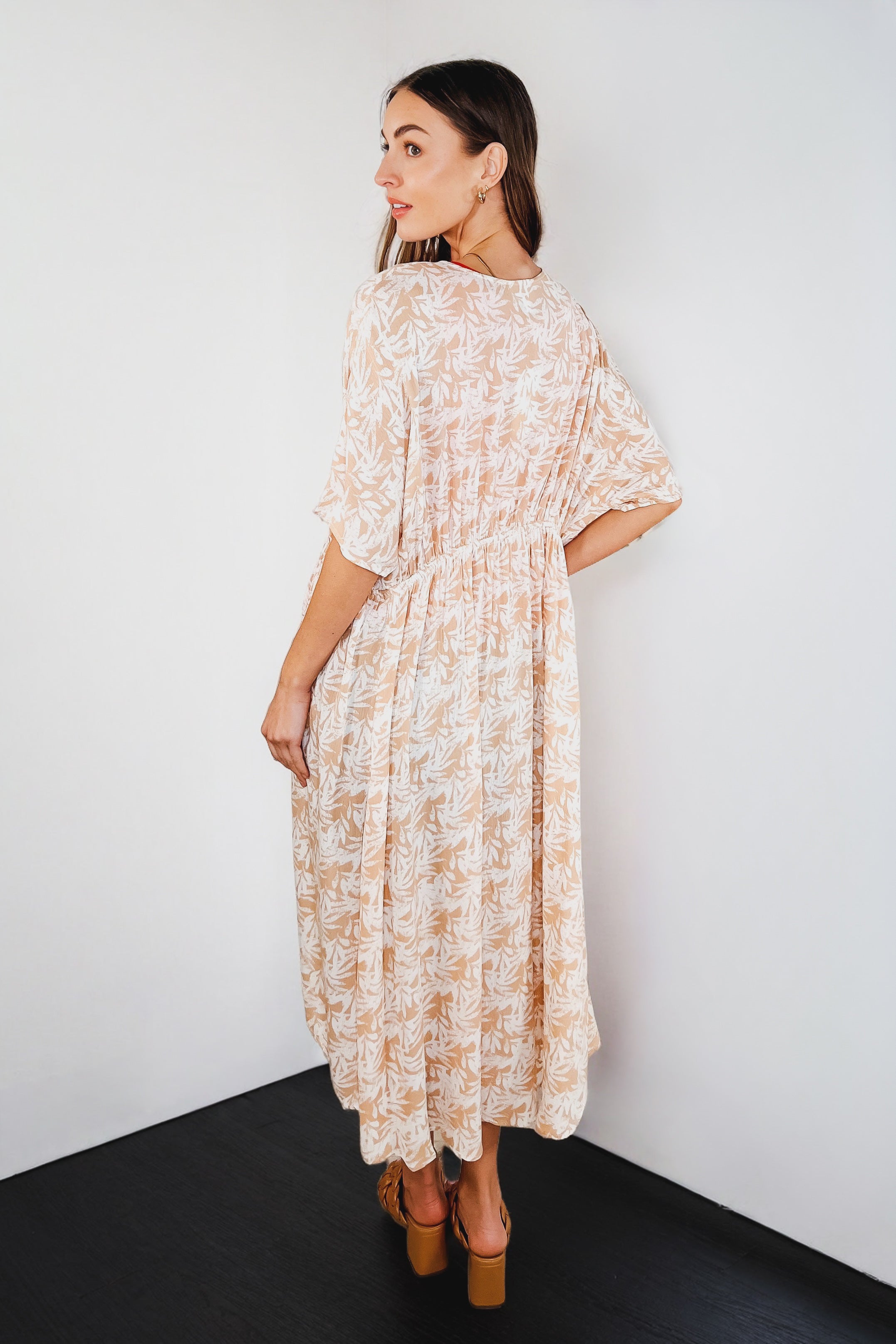 Tropical Print Gauze Swim Layering Piece with Elastic Waist Tie • Milk Tea