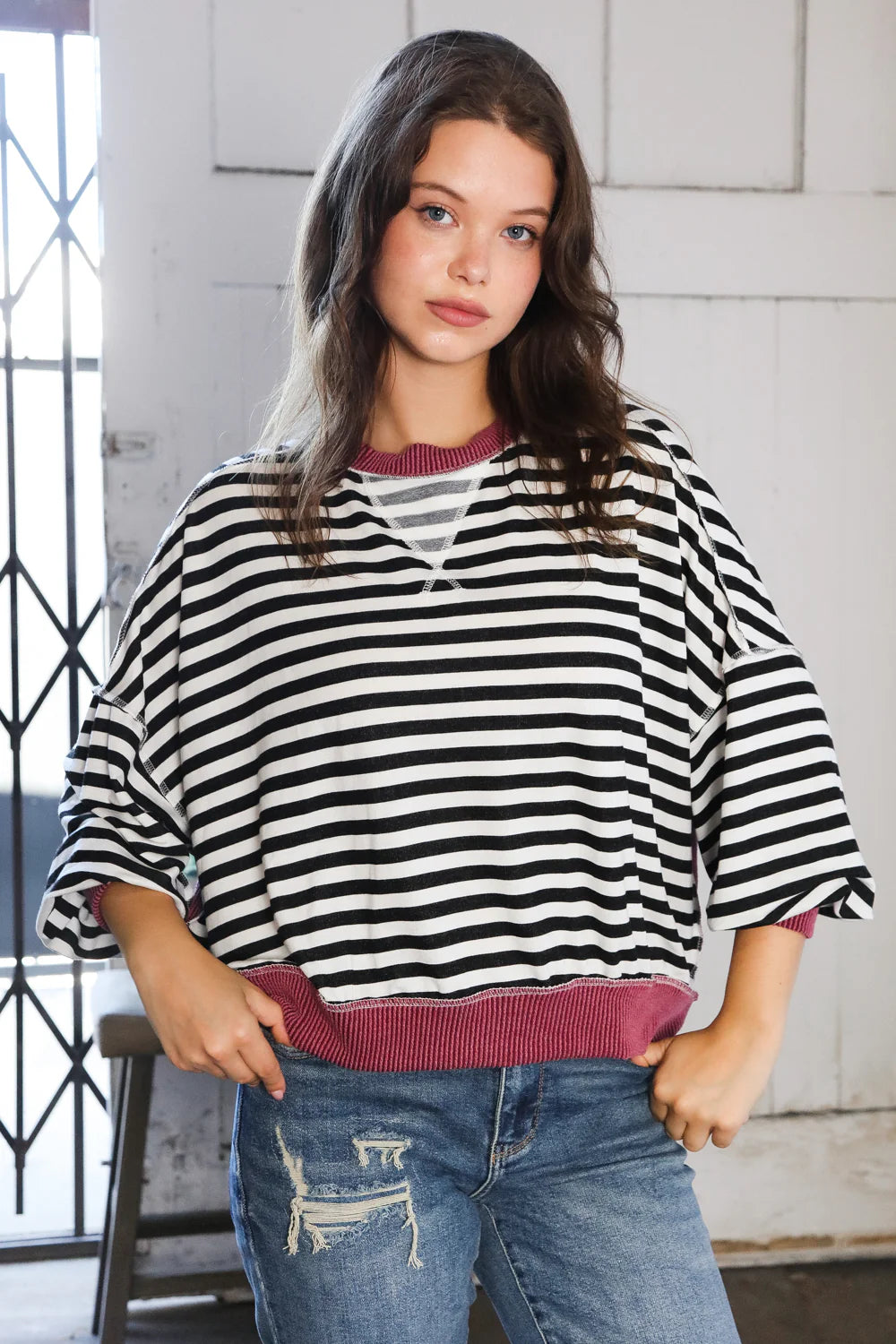 A Stripes Story Crew Neck Pullover • Wine
