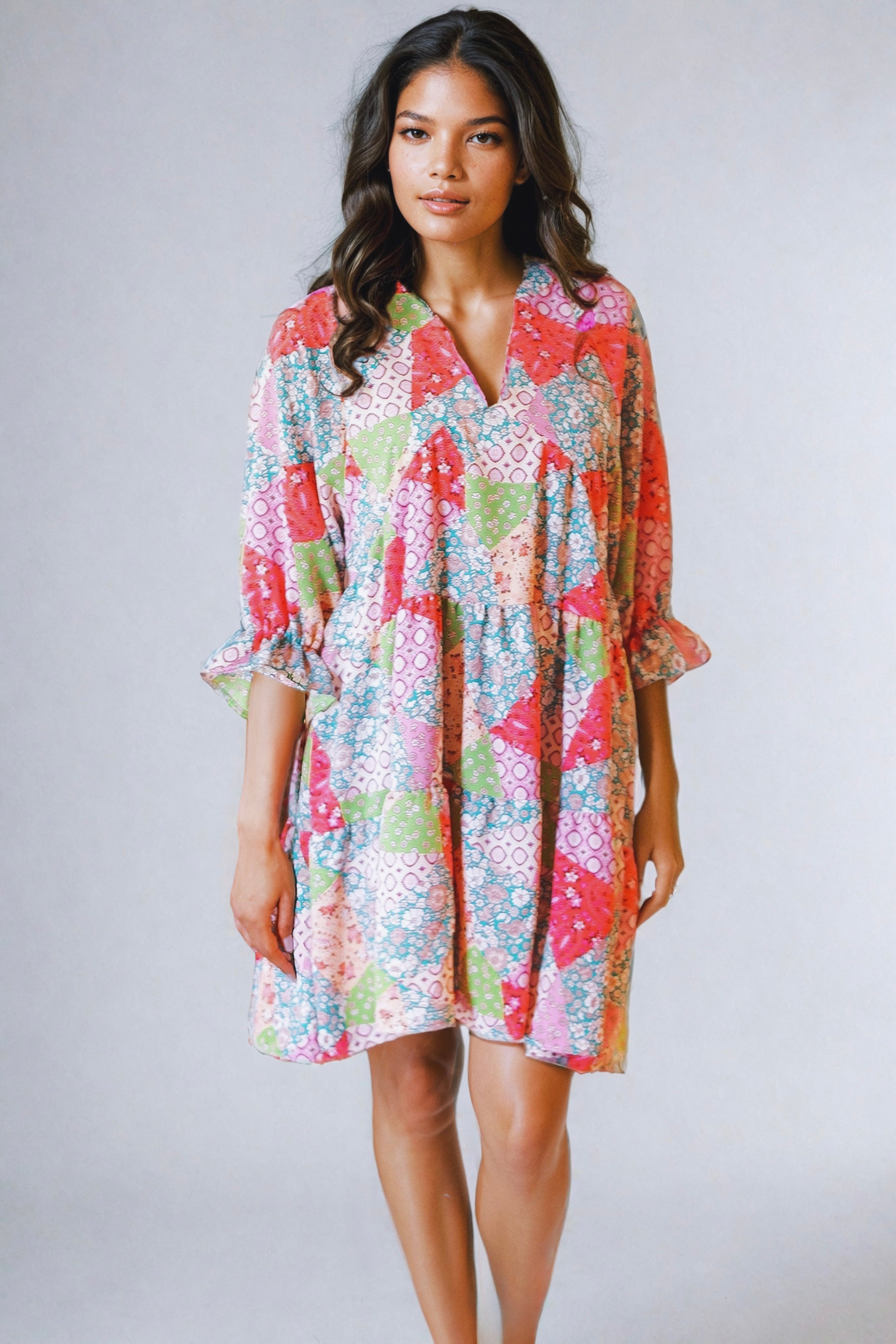 For The Love Of Patchwork Print V Neck Dress