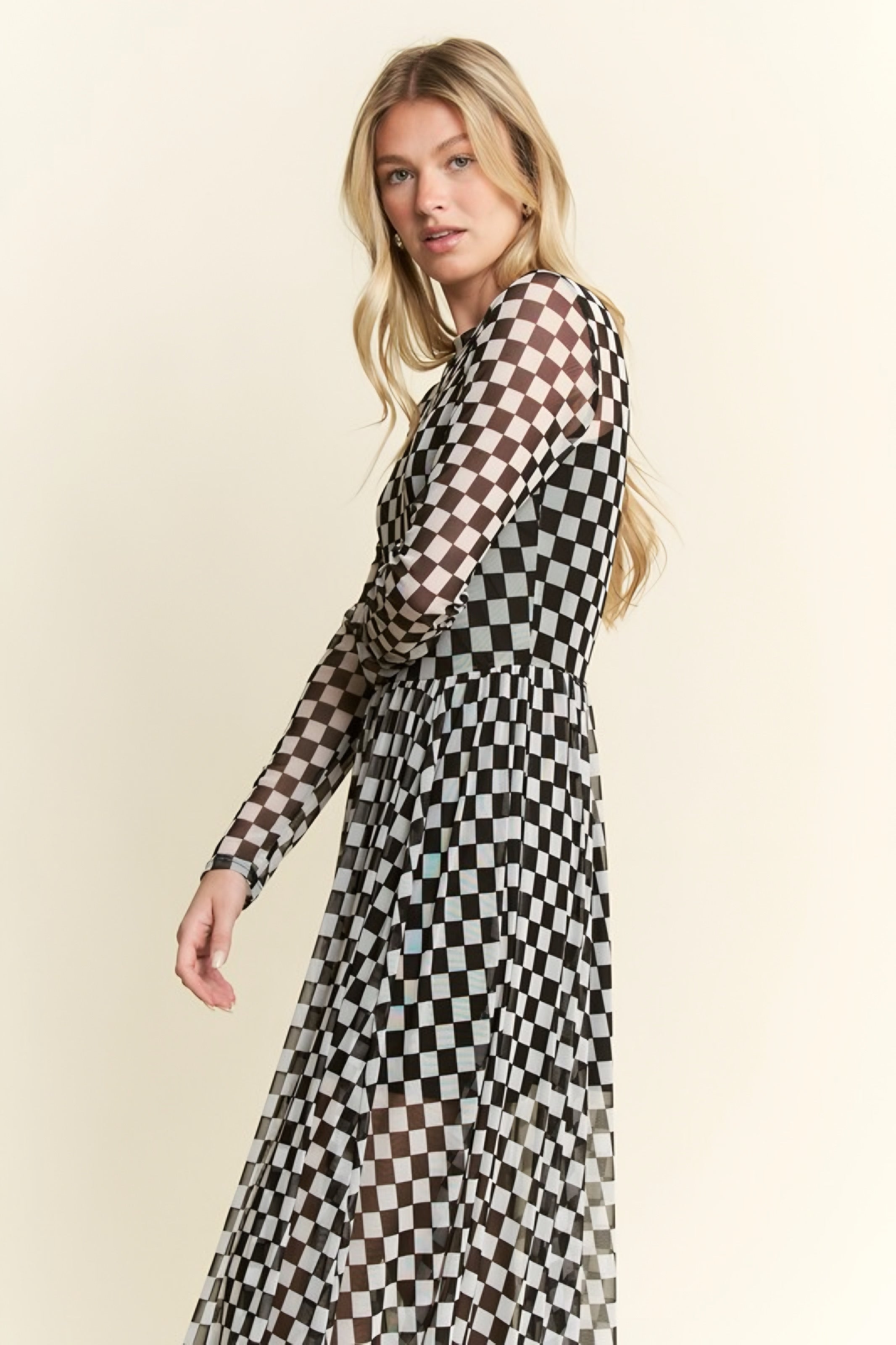 No Compromise Long Sleeve Checkered Print Mesh Maxi Dress