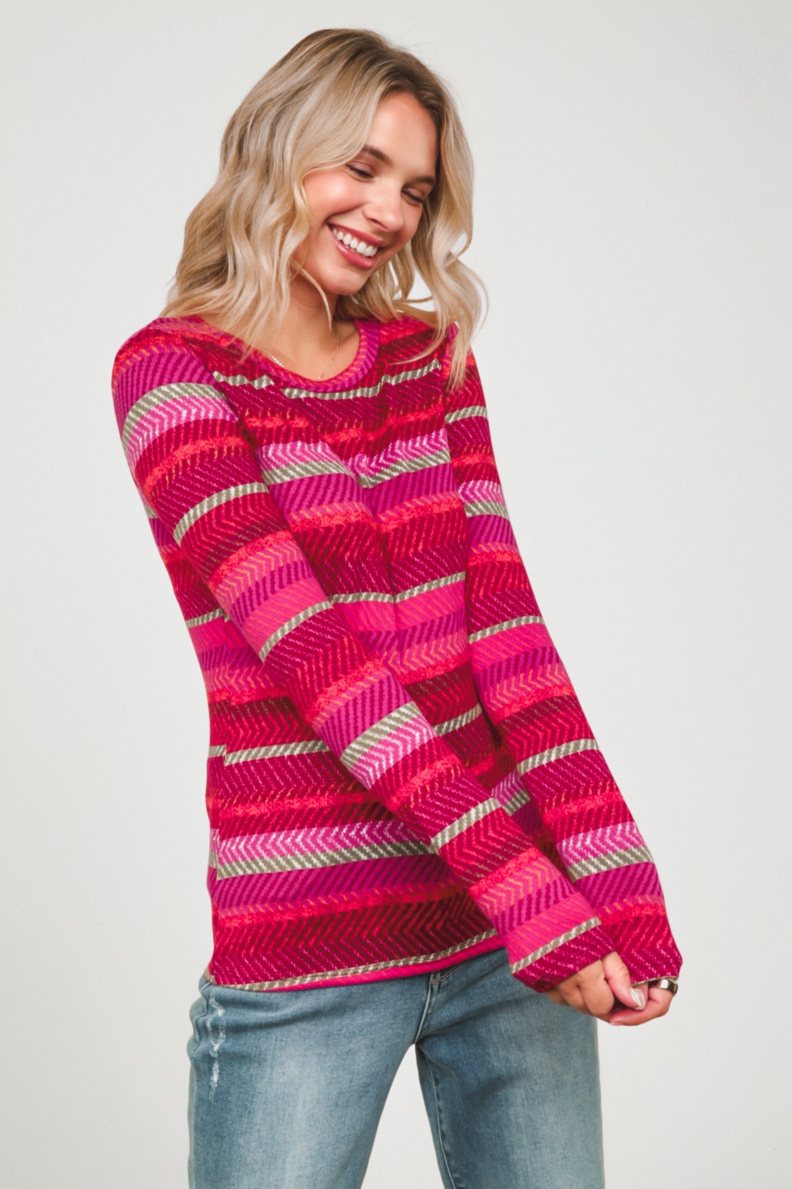 Keep Me Guessing Herringbone Long Sleeve • Magenta