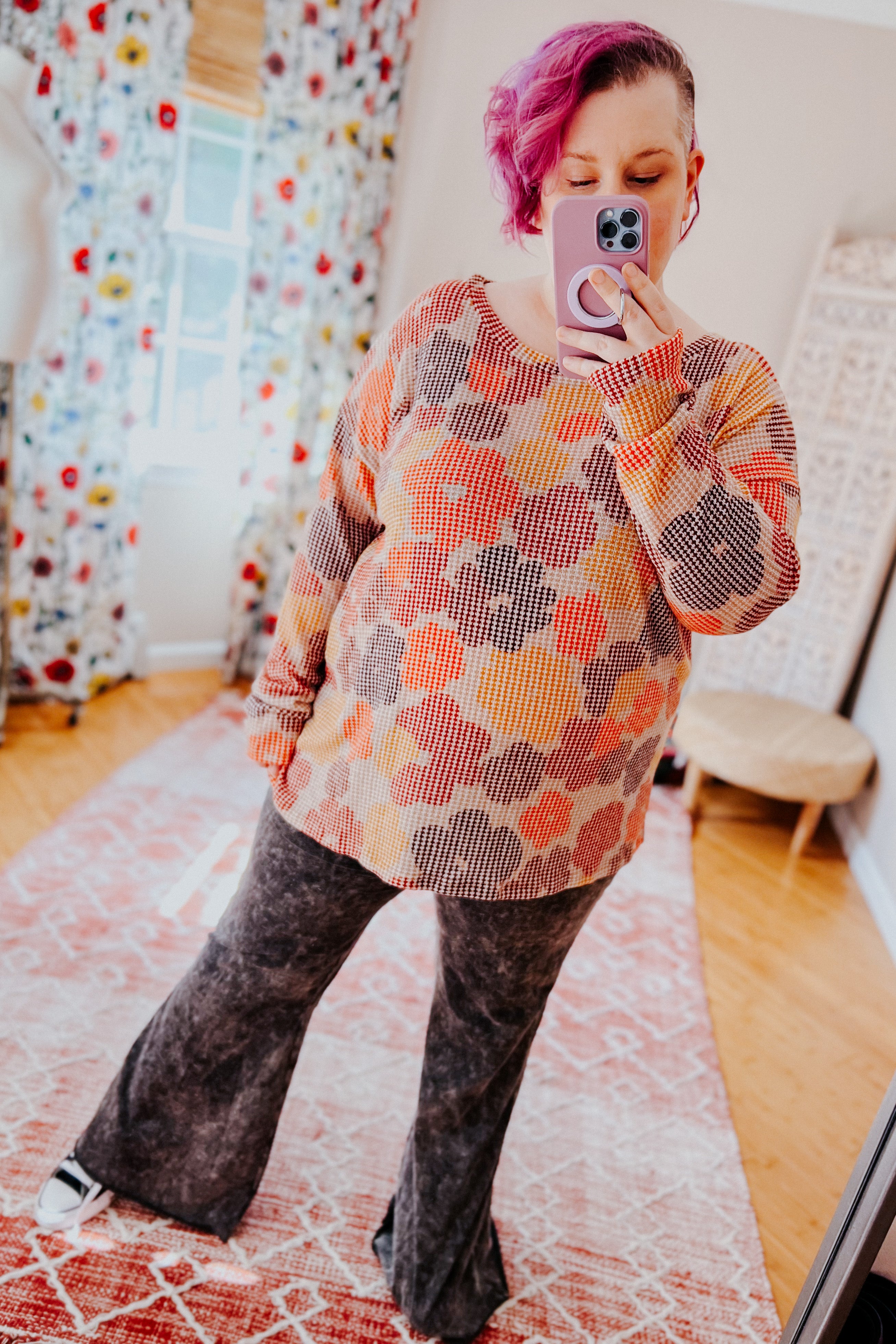 Dreamy Flat Floral Two Tone Knit Top