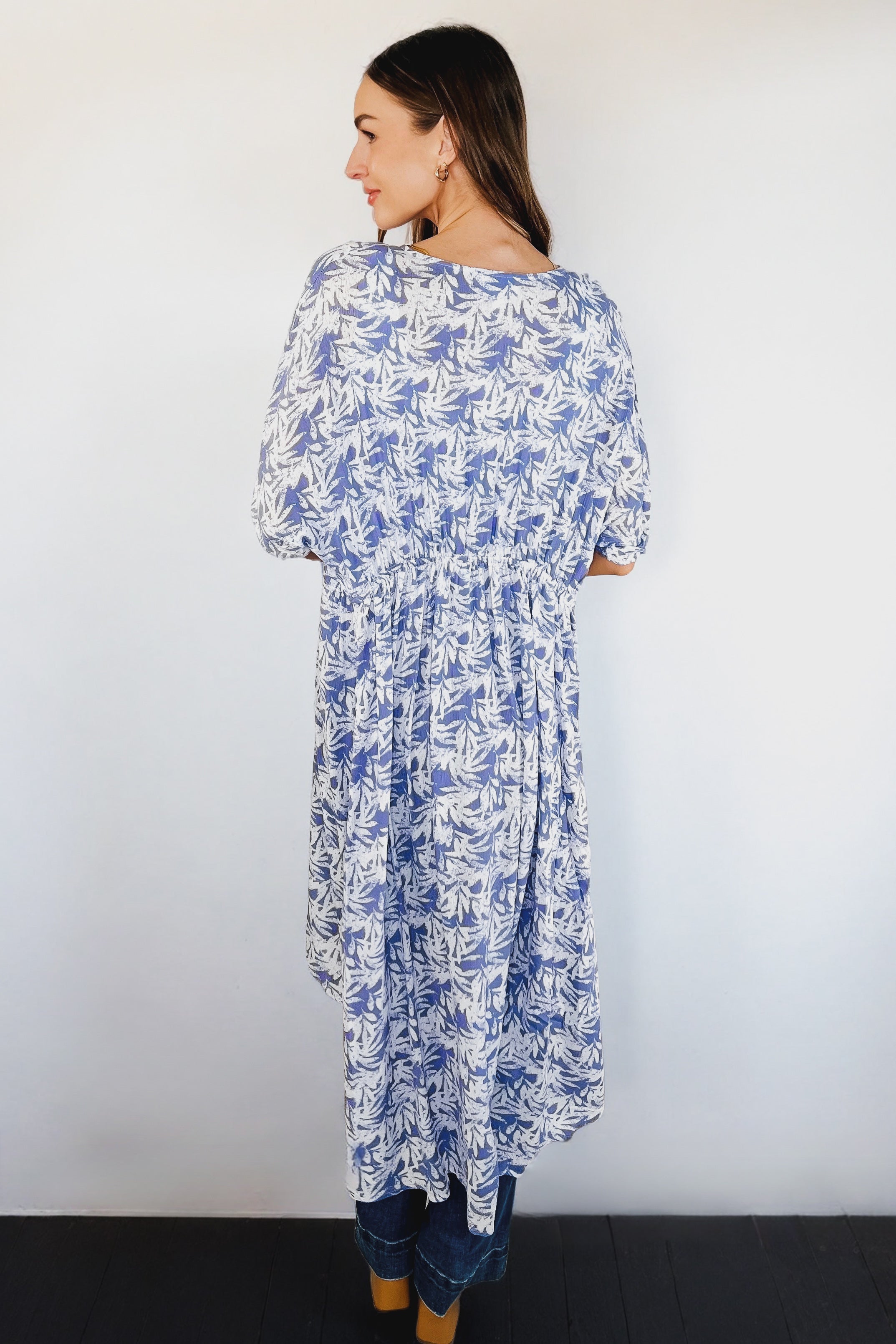 Tropical Print Gauze Swim Layering Piece with Elastic Waist Tie • Periwinkle