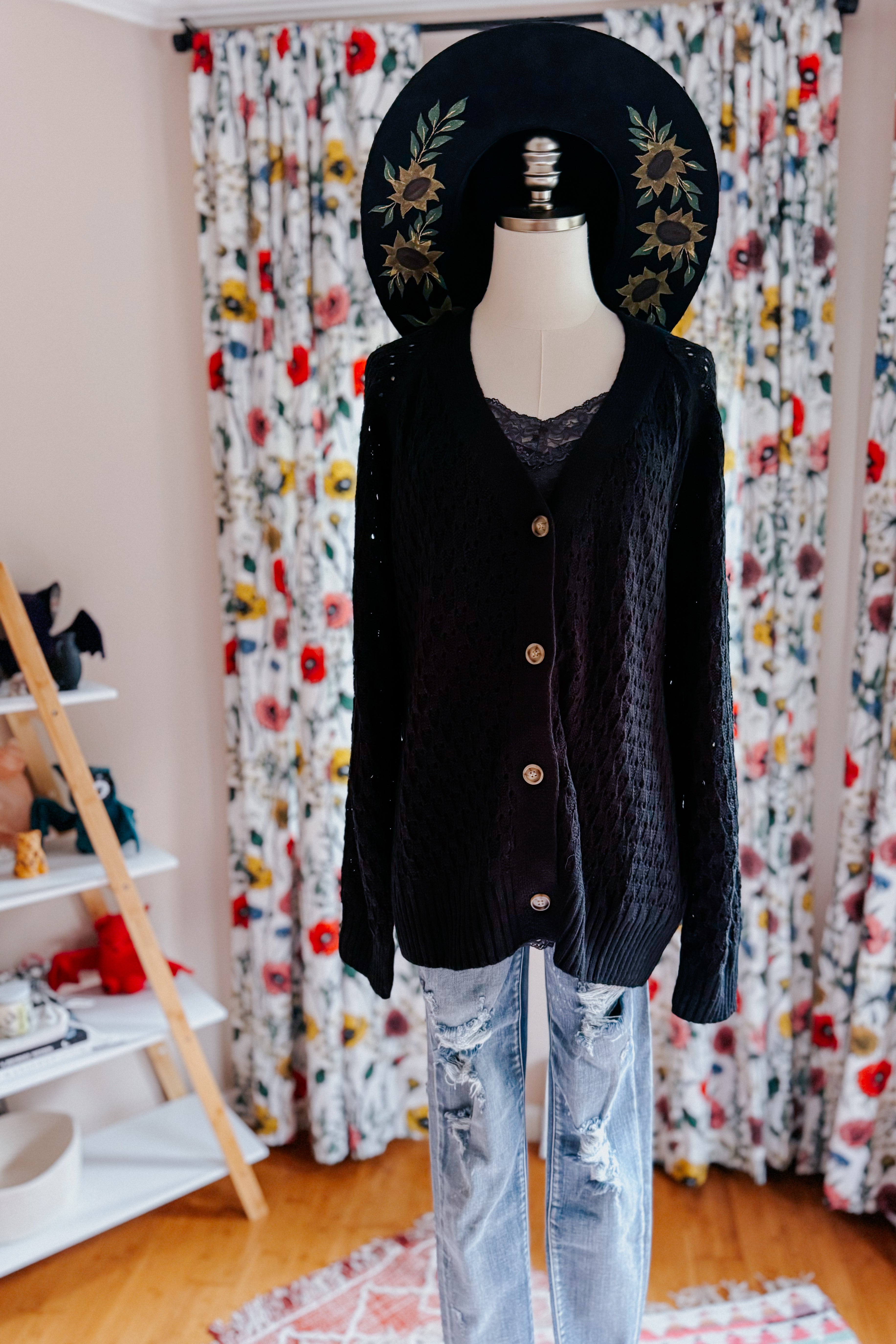 Wallflower Pointelle Knit Button Down Cardigan • Black