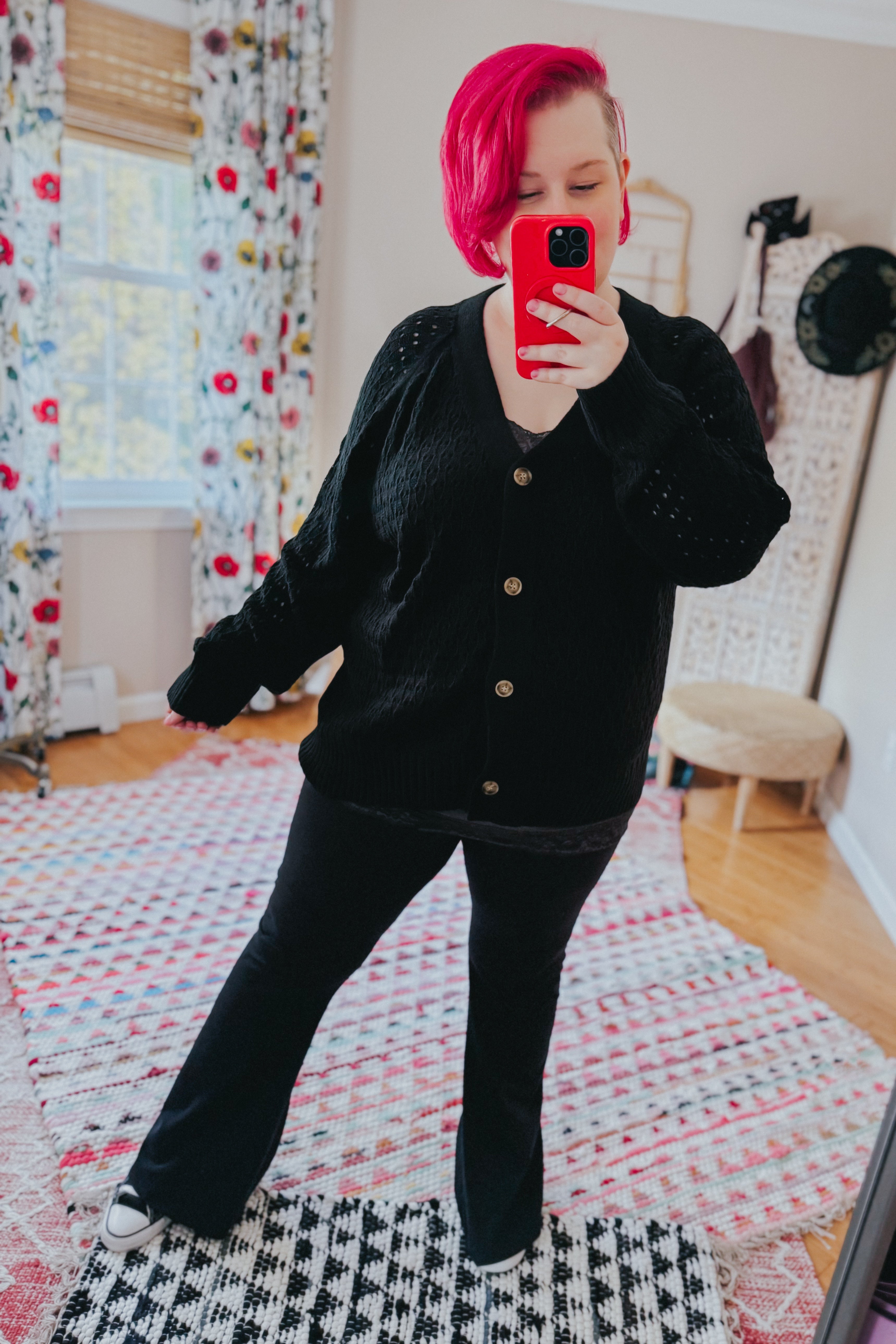 Wallflower Pointelle Knit Button Down Cardigan • Black