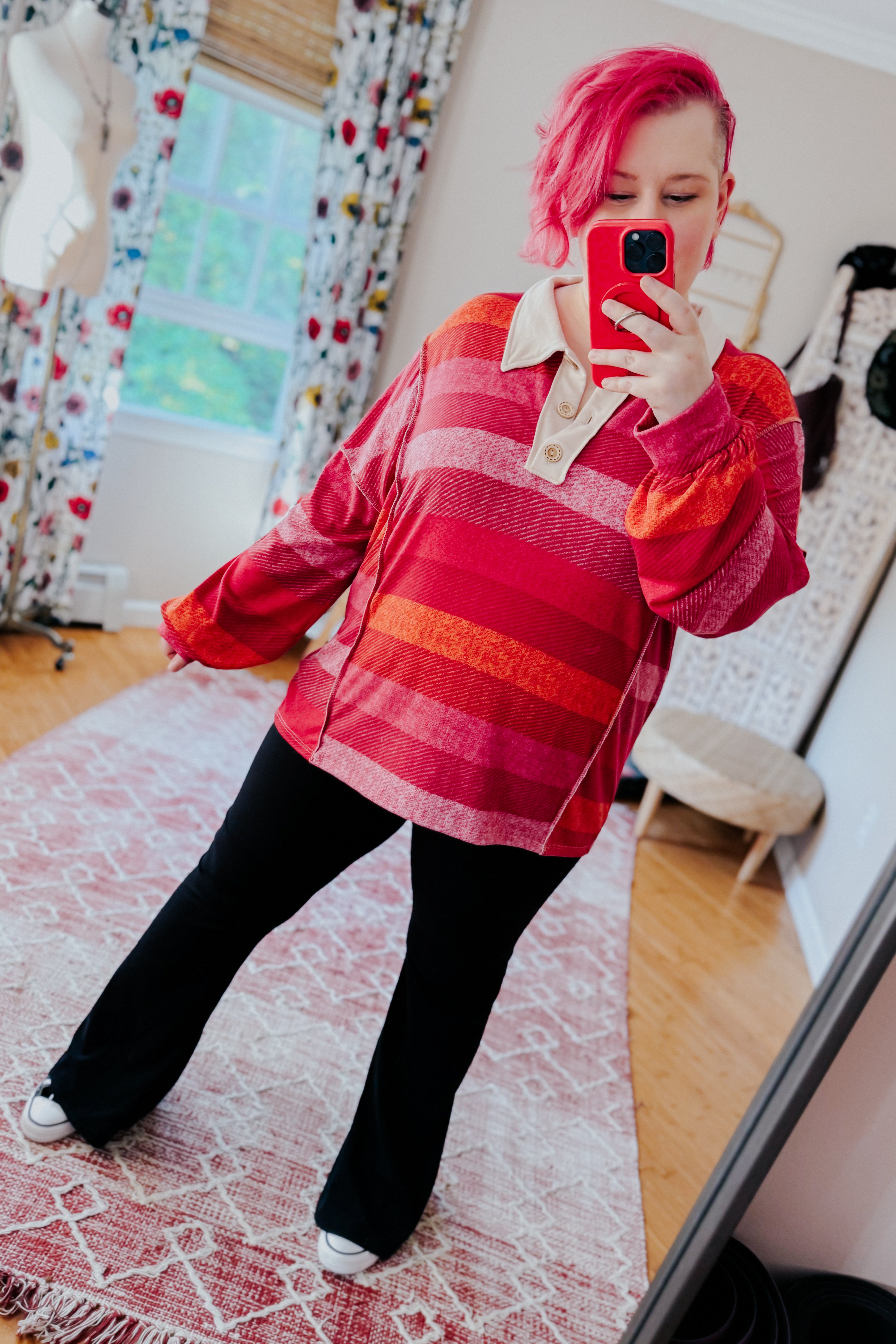 All Good Striped Button Down Placket Collared Top